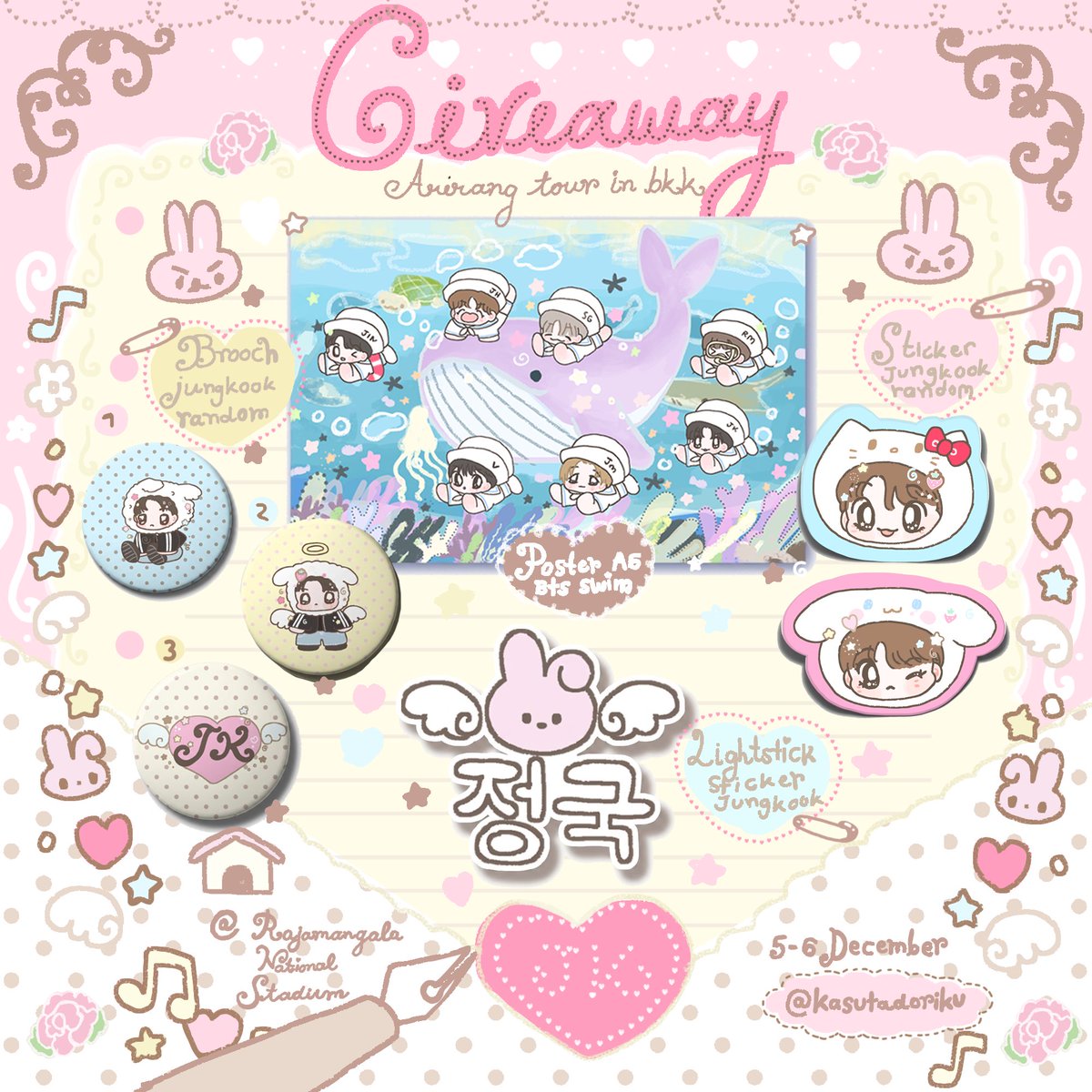 kasutadoriku's tweet photo. ˚₊‧꒰ა pls kindly rt ♡ ໒꒱ ‧₊˚⋆

𐬹𓈒 giveaway arirang in Bangkok 🍮🪽𓈒𐬹
@ Rajamangala National Stadium 
♡ Postcard A5
♡ Brooch  
♡ Sticker 
♡ Lightstick  

𐬹 date : 5-6 December 2026 🏹 𐬹
( thai army only ♡ )

#BTS_WORLDTOUR_BANGKOK
#BTS_WORLDTOUR_ARIRANG_BANGKOK https://t.co/J826ZBO2MD