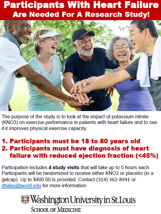 WashUVFH's tweet photo. A research study seeks participants to look @ the impact of potassium nitrate (KNO3) on exercise performance in patients w/ heart failure. Participants must be 18-80 years old &amp; must have diagnosis of heart failure w/ reduced ejection fraction. (314) 362-8941 or dhaley@wustl.edu. https://t.co/42Ntb7c6JK