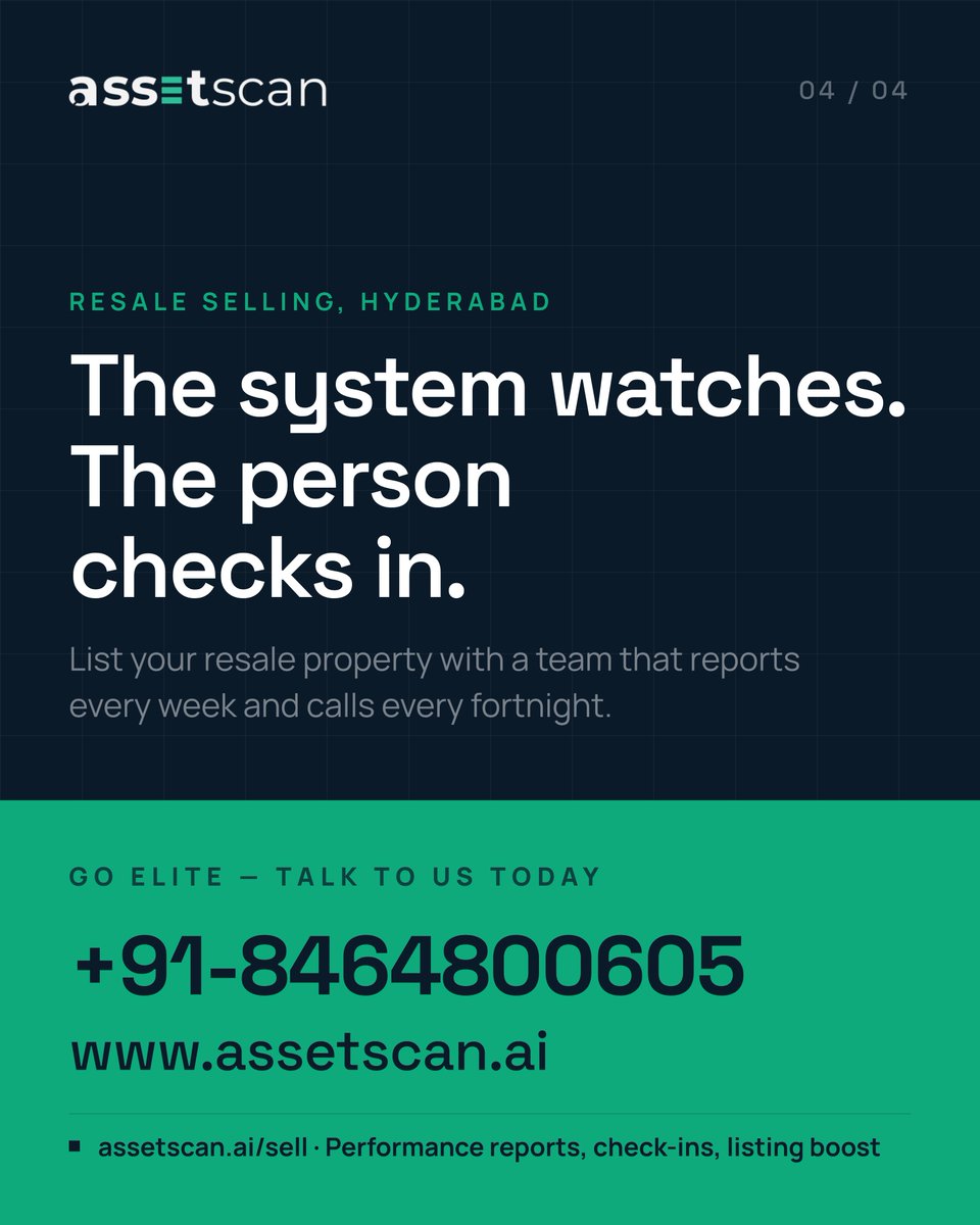 _assetscan_'s tweet photo. Listed. Then... nothing.

Silence isn't a market problem - it's a follow-up problem.

AssetScan keeps you updated: 
📩 Weekly performance report 
📞 Fortnightly strategy call

The system watches. The person checks in.
📞 +91 84648 00605 | https://t.co/4jnaBi9M9p

#Hyderabad https://t.co/t7HBqtabYp