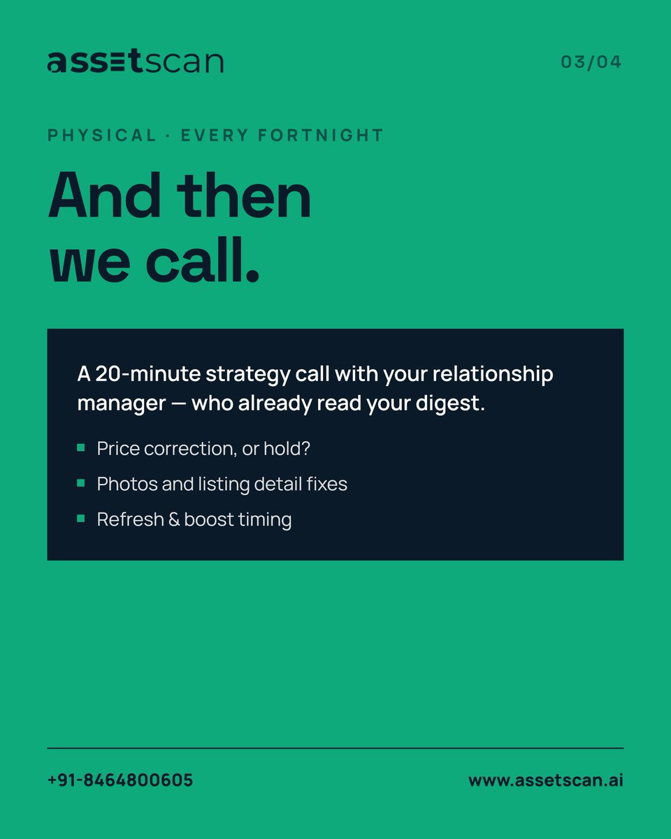 _assetscan_'s tweet photo. Listed. Then... nothing.

Silence isn't a market problem - it's a follow-up problem.

AssetScan keeps you updated: 
📩 Weekly performance report 
📞 Fortnightly strategy call

The system watches. The person checks in.
📞 +91 84648 00605 | https://t.co/4jnaBi9M9p

#Hyderabad https://t.co/t7HBqtabYp