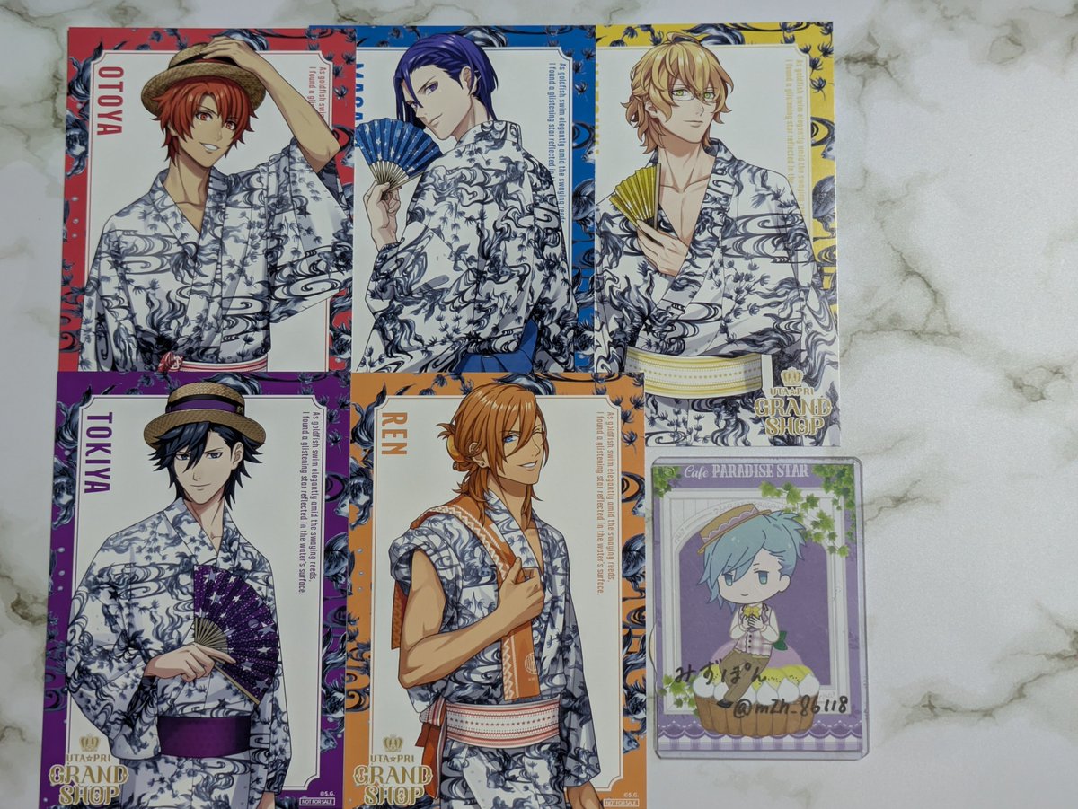 mZh_86118's tweet photo. 【交換】うたプリ グラショ 特典 浴衣 YUKATA

譲▶音也 真斗 那月 トキヤ レン

求▶︎藍(最優先)カミュ

郵送可能、手渡し(都内での手渡し可能日は31日以降に確定)は要相談となります

よろしくお願いいたします https://t.co/Uey5fzWuG1