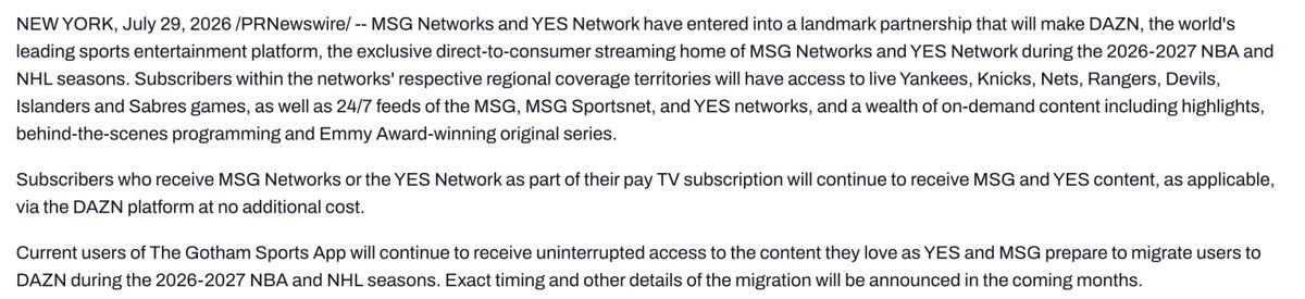 MikeVorkunov's tweet photo. Yankees, Knicks, Nets, Rangers, Devils, Islanders and Sabres games are going to have a new streaming home.

MSG Networks and the YES Network will move their streaming exclusively to DAZN for the 2026-27 NBA and NHL season. The exact timing hasn't been settled yet.

You'll be able to stream Yankees, Knicks, Nets, Rangers, Devils, Islanders and Sabres games on DAZN. Gotham Sports App will still stream games on their until the switch.