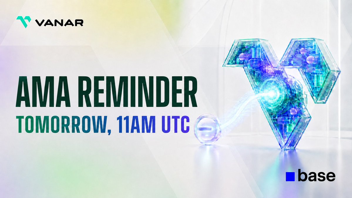 Vanarchain's tweet photo. Vanar AMA Reminder 

Tomorrow Jawad and Ash will join Iffy LIVE on X to answer community questions around the VANRY migration, move to Base, token swap, supply update, staking shutdown, Foundry, AI Organisations, Genesis, and what comes next.

We're collecting questions now 👇 https://t.co/7RpiNYW1ff
