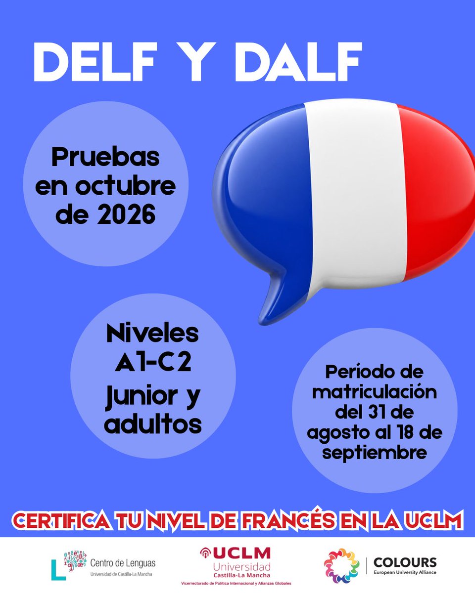 cel_uclm's tweet photo. Este curso, certifica tu nivel de francés en el Centro de Lenguas
✍🏽Pruebas: octubre
📅matriculación: 31/08 a 18/09
🗣️Niveles A1-C2
🧑🏽👩🏽 Junior y adulto
Info en https://t.co/IWHR4888cb
Certifica tu nivel de francés en la UCLM 🇫🇷
@uclm_inter @uclm_es 
#delfdalf #centrodelenguas https://t.co/35tjHBgvxT
