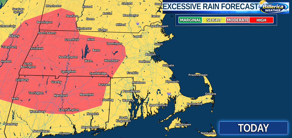 BillericaWX's tweet photo. Excessive rain in Central/Western MA will create urban flooding where locally 4"+ rainfall will occur. Eastern MA will see 2-3" with flooding possible. Flood Watches out for Central/Western MA through tonight. Be prepared if you live near rivers/streams. #mawx #snewx https://t.co/BNlACtnIee