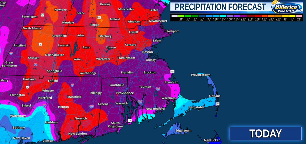 BillericaWX's tweet photo. Excessive rain in Central/Western MA will create urban flooding where locally 4"+ rainfall will occur. Eastern MA will see 2-3" with flooding possible. Flood Watches out for Central/Western MA through tonight. Be prepared if you live near rivers/streams. #mawx #snewx https://t.co/BNlACtnIee