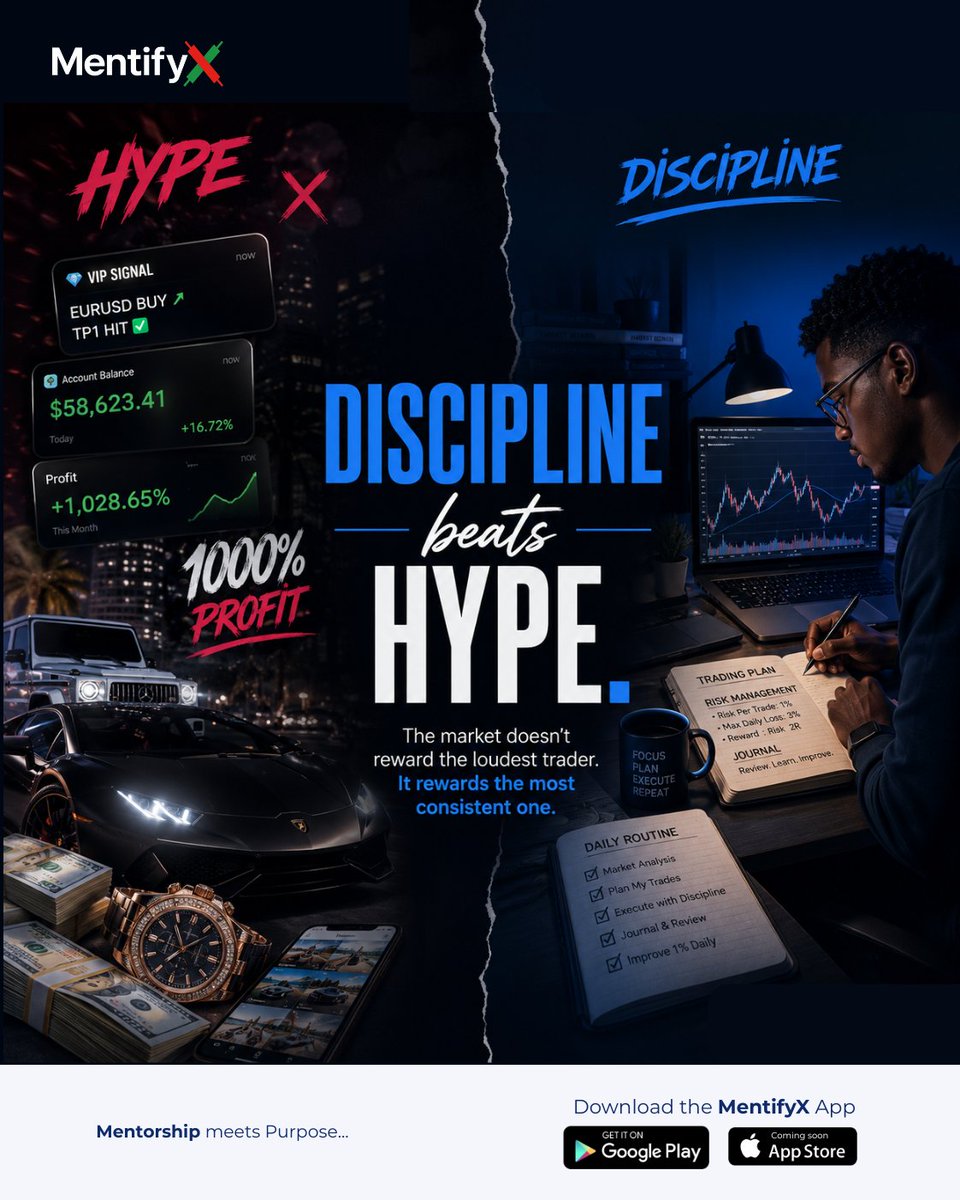 mentifyx's tweet photo. The trading world is full of hype.

Flashy profits.
Luxury lifestyles.
"Guaranteed" winning strategies.

But none of those things will keep you profitable.

Discipline will.

The discipline to study when no one is watching.

The discipline to follow your plan instead of your emotions.

The discipline to keep learning, even after a loss.

Hype gets attention.

Discipline gets results.

💬 Which do you think is harder to build: discipline or consistency?