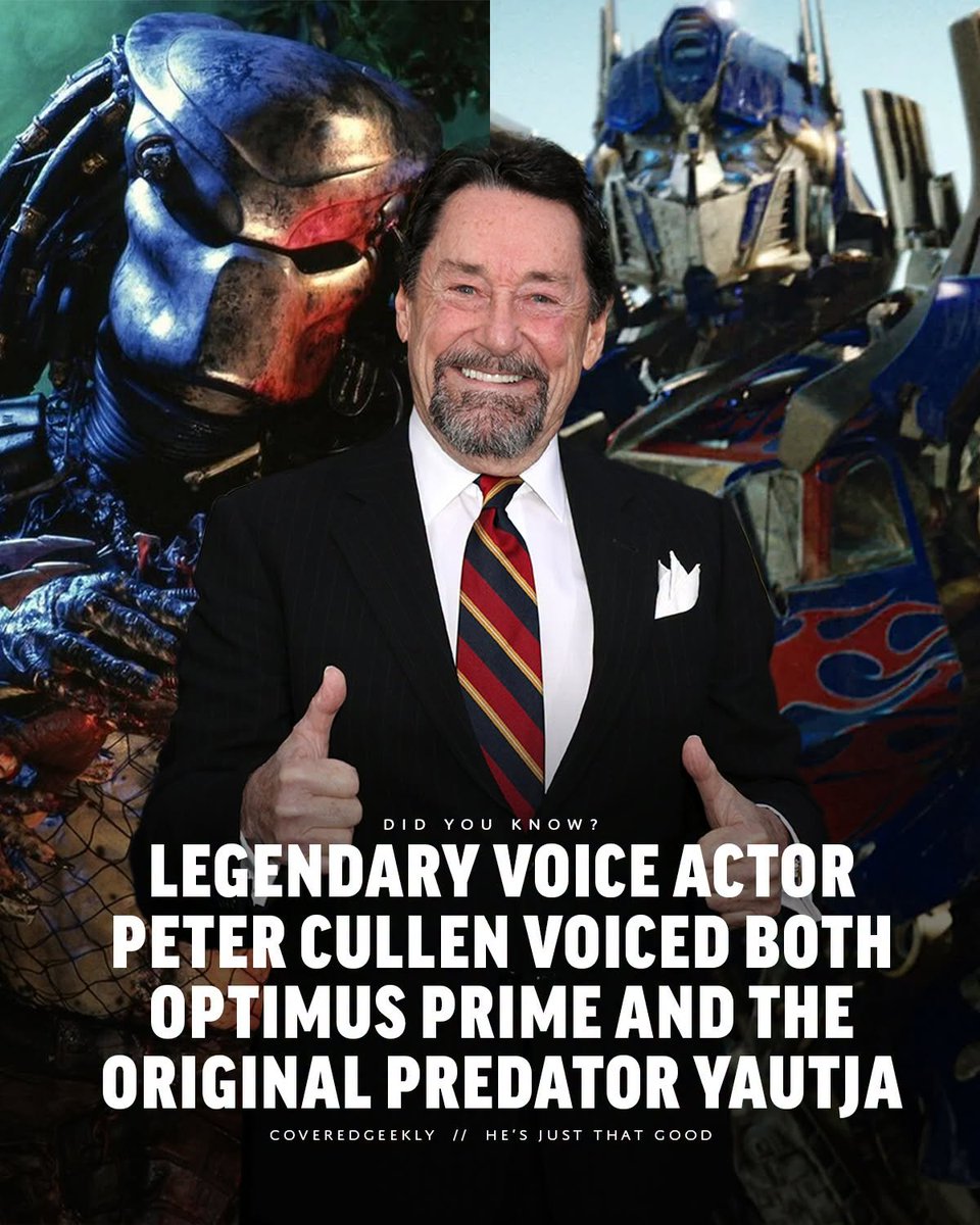 CoveredGeekly's tweet photo. Legendary Canadian voice actor Peter Cullen, who is the voice of Optimus Prime, also provided the original iconic clicking, growling and rattling vocals for the Yautja in the first Predator movie.

This man can do it all 🔥 https://t.co/q3Zh9kAibL