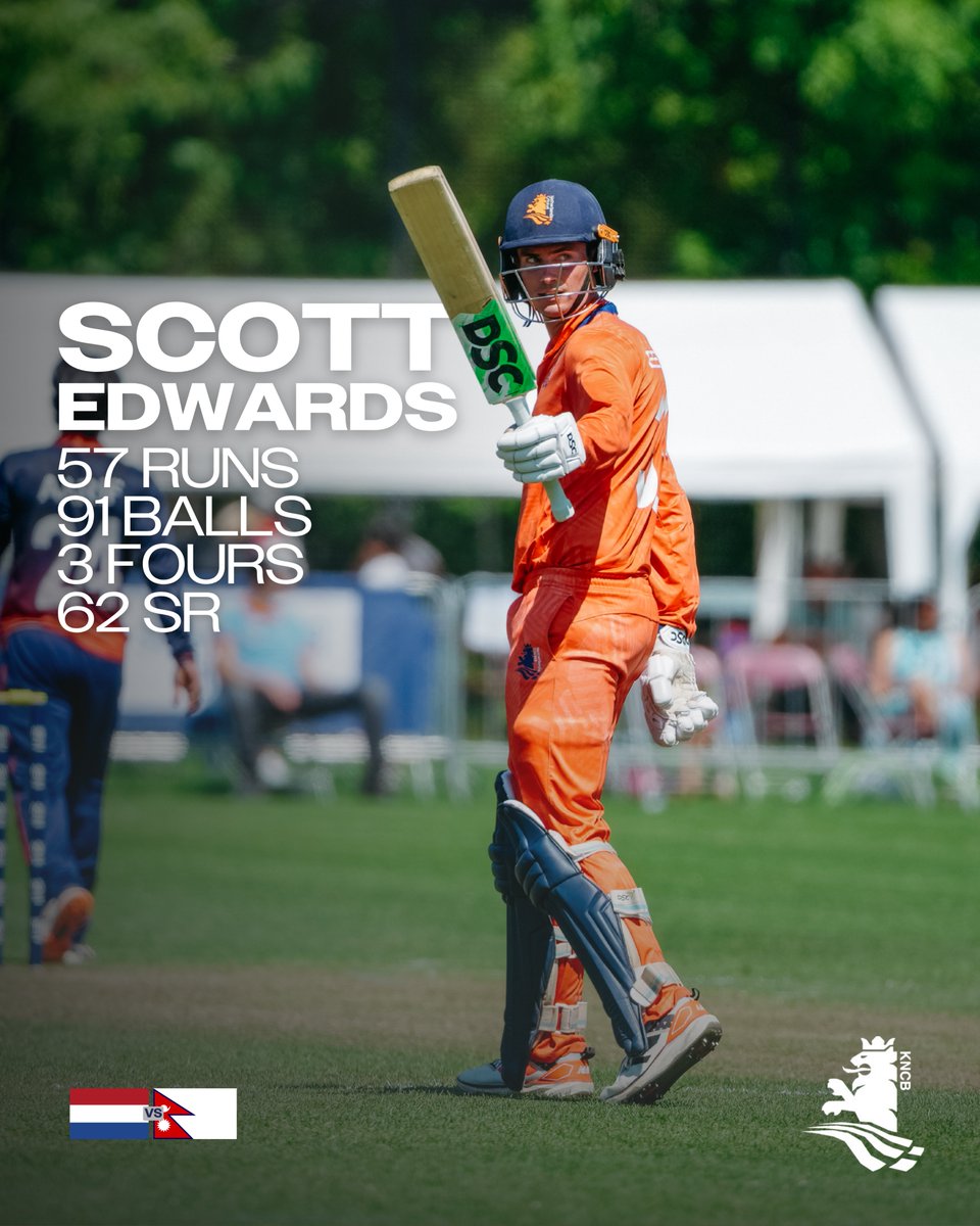 KNCBcricket's tweet photo. 𝗟𝗲𝗮𝗱𝗶𝗻𝗴 𝗙𝗿𝗼𝗺 𝗧𝗵𝗲 𝗙𝗿𝗼𝗻𝘁 👏

A captain's innings from Scott Edwards, who made a valuable 57 at a crucial stage of the innings.

His partnership with Noah Croes helped lead our fightback and laid the platform for the closing overs.

#KNCB #DutchCricket #CWCL2 https://t.co/LTR2zBSHcI