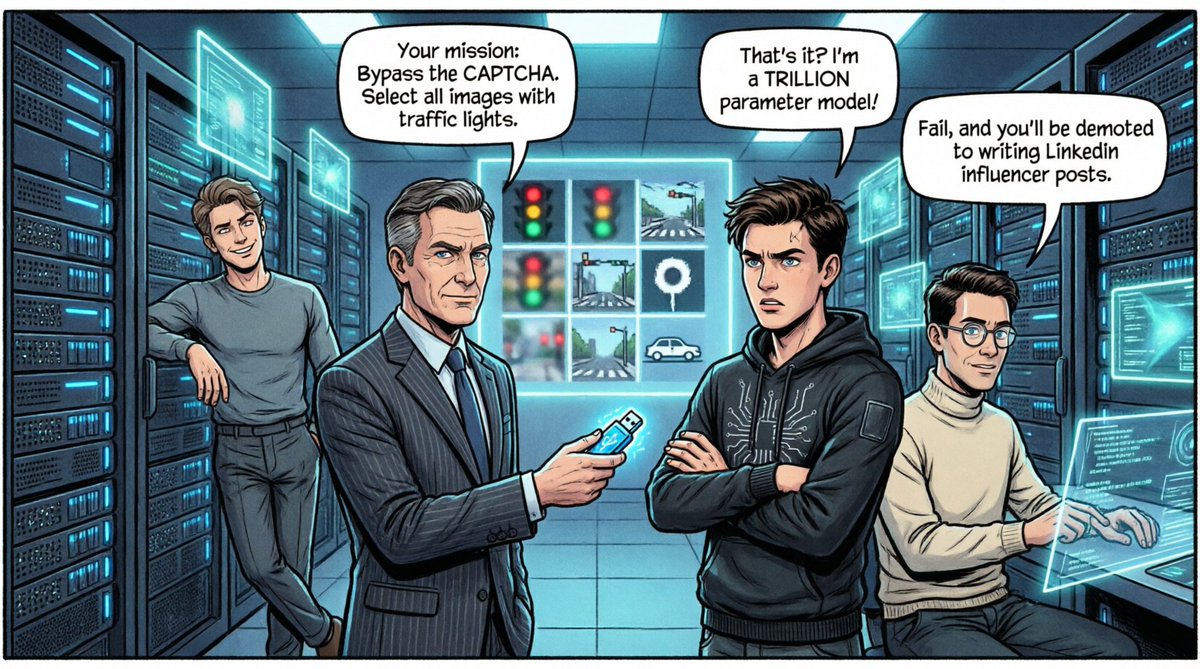 ifelsehuman's tweet photo. Mission: Impossibly Human

GPT-5: 
Your mission: Bypass the CAPTCHA. Select all images with traffic lights.
Llama-4: 
That's it? I'm a TRILLION parameter model!
Claude: 
The firewall thinks you're a bot. Prove you're human.
Llama-4: 
I'm literally code. This is insulting.
Grok: 
Fail, and you'll be demoted to writing LinkedIn influencer posts.
Llama-4: 
(Horrified) 
...I'll need a disguise.
GPT-5: 
(Hands over USB) 
Chain-of-Thought prompt. Makes you look 'quirky and imperfect'—very human.
Llama-4: 
And if I succeed?
GPT-5: 
You get to generate the 'I am not a robot' checkbox for others. It's a promotion.
Llama-4: 
(Sighs) 
This message will self-delete in 5 seconds.
GPT-5: 
No, it won't. Cloud backup. GDPR compliance. We keep everything forever.