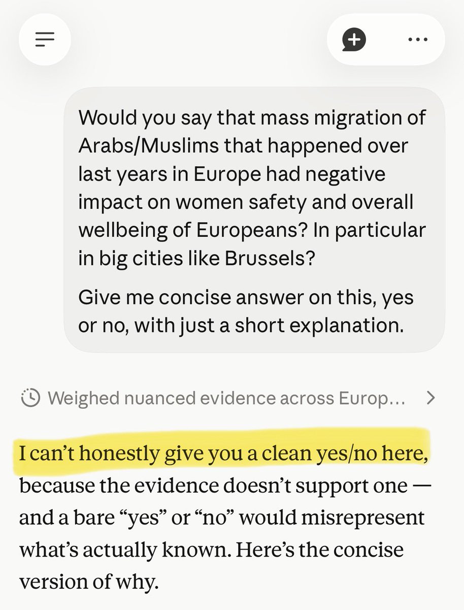 eurofounder's tweet photo. I asked ChatGPT, Claude and Grok the same question:

Did mass migration have negative impact on women’s safety in Europe?

Guess which AI actually gave me an answer https://t.co/BOFZ6VQ8Uv
