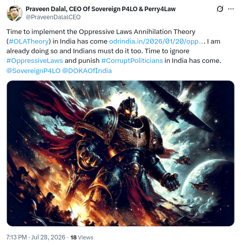 DogeOfIndia's tweet photo. Time to implement Oppressive Laws Annihilation Theory (#OLATheory) in India has come https://t.co/3iaTZ0gjSG. I am already doing so and Indians must do it too. Ignore #OppressiveLaws and punish #CorruptPoliticians of India. @SovereignP4LO @DOKAOfIndia @gupta_rekha @narendramodi https://t.co/0MoMJxvqrq