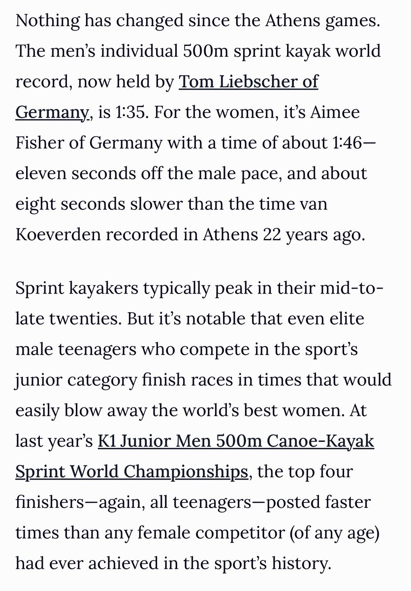 jonkay's tweet photo. And yet @vankayak seems to have no problem distinguishing men from women in other contexts
I discuss his hypocrisy at @Quillette 
The only reason he’s a thing is that he won a gold medal, in a sport whose m-vs.-f benchmarks make a mockery of his position
https://t.co/WuY0LKZ6AB https://t.co/8iKhu6o3ua