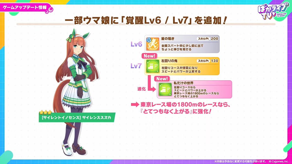 umamusume_GW's tweet photo. 【覚醒Lv7】
新たに覚醒Lv7が追加されるサイレンススズカと覚醒Lv追加キャンペーンの情報が公開！
スキルの追加に加えて固有スキルの性能も変化しています！

https://t.co/t5WbxjneIu

#ウマ娘 #ぱかライブTV https://t.co/PvUNqVl4km