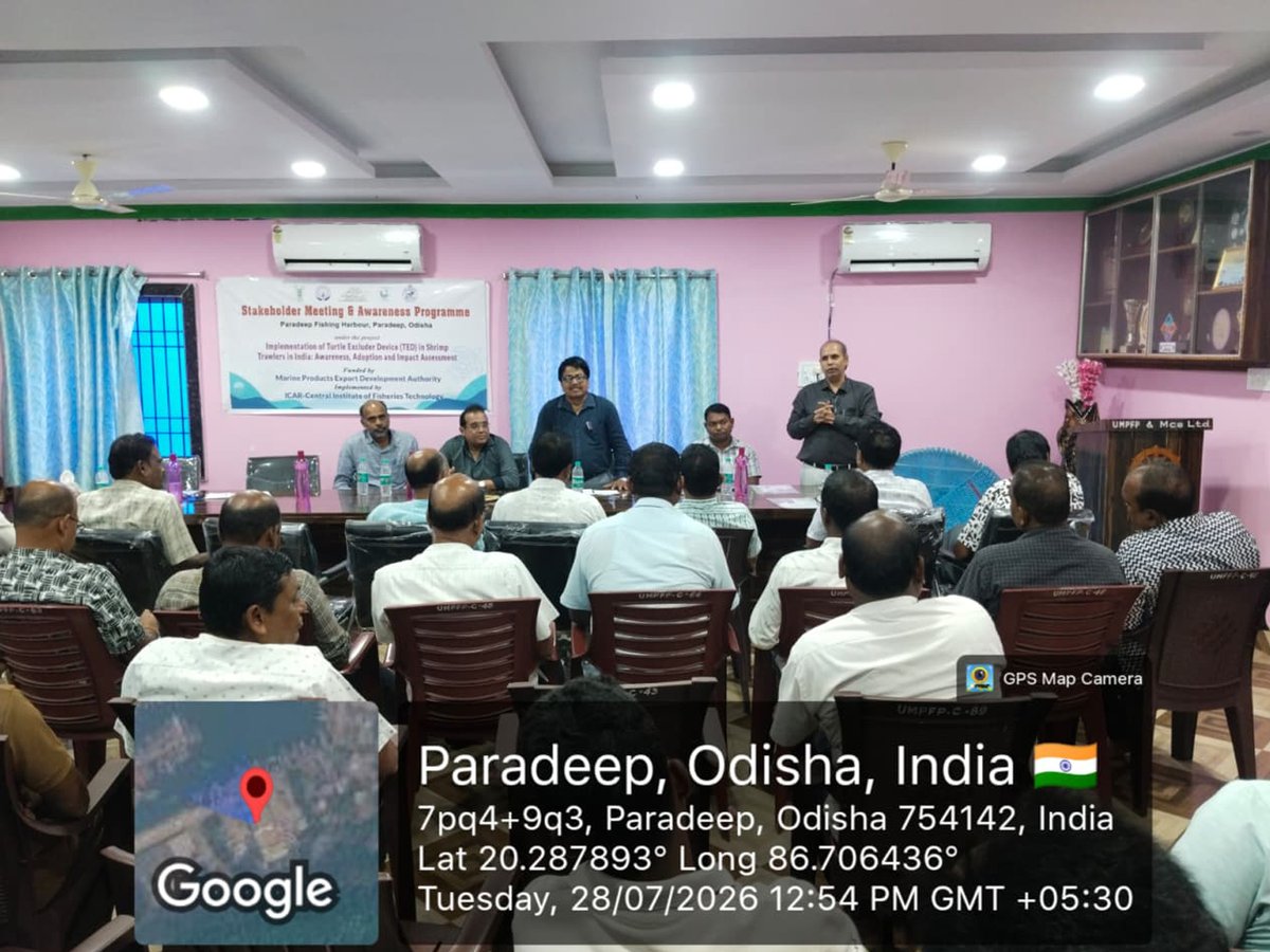 icarcift's tweet photo. ICAR-CIFT conducted an awareness programme on CIFT-Turtle Excluder Devices (TEDs) at Paradip, Odisha (28 July 2026), under the MPEDA-funded project on TED implementation in shrimp trawlers.
#ICARCIFT #TED #SeaTurtleConservation #MPEDA https://t.co/89dQnhGLch