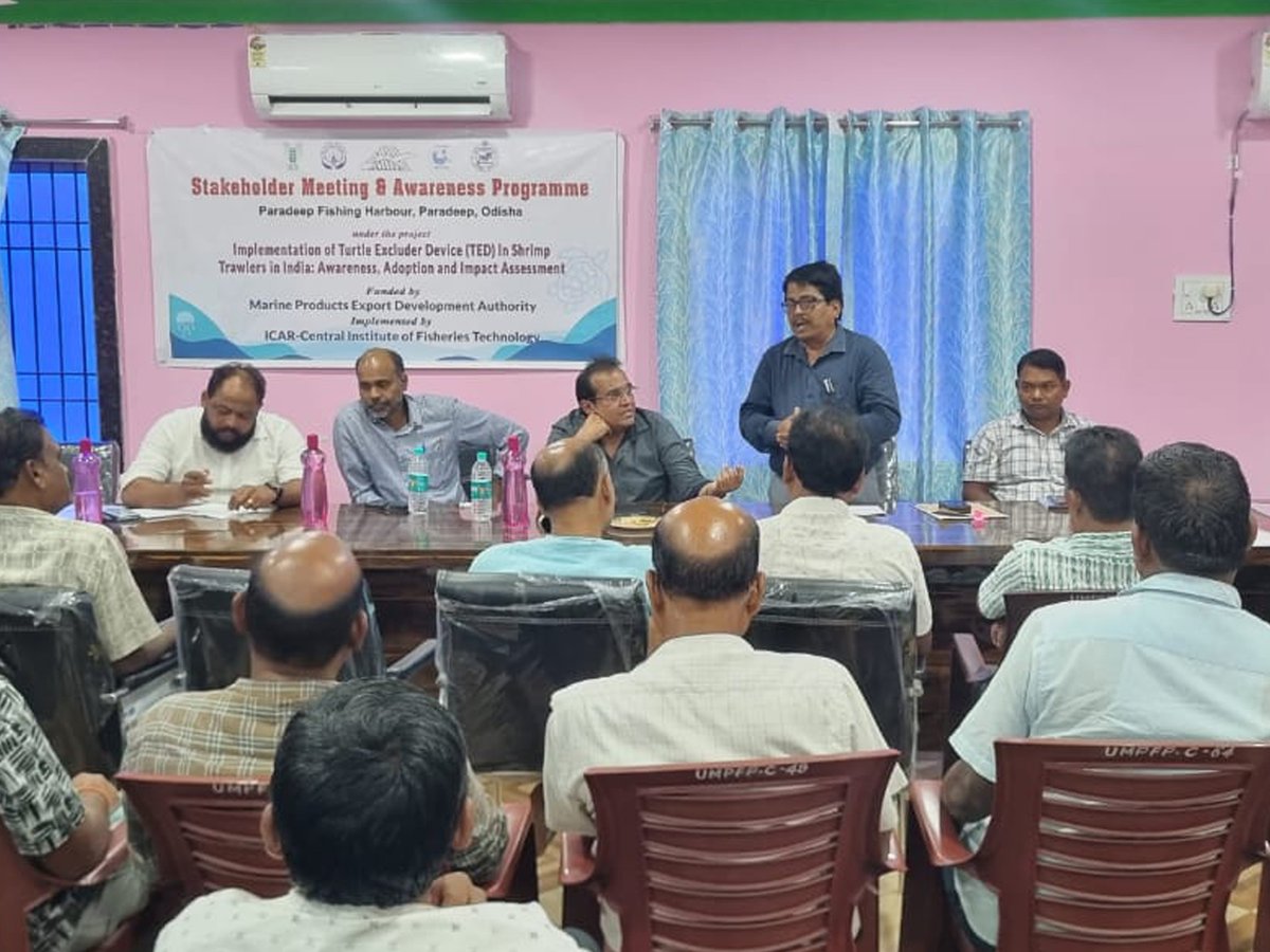 icarcift's tweet photo. ICAR-CIFT conducted an awareness programme on CIFT-Turtle Excluder Devices (TEDs) at Paradip, Odisha (28 July 2026), under the MPEDA-funded project on TED implementation in shrimp trawlers.
#ICARCIFT #TED #SeaTurtleConservation #MPEDA https://t.co/89dQnhGLch