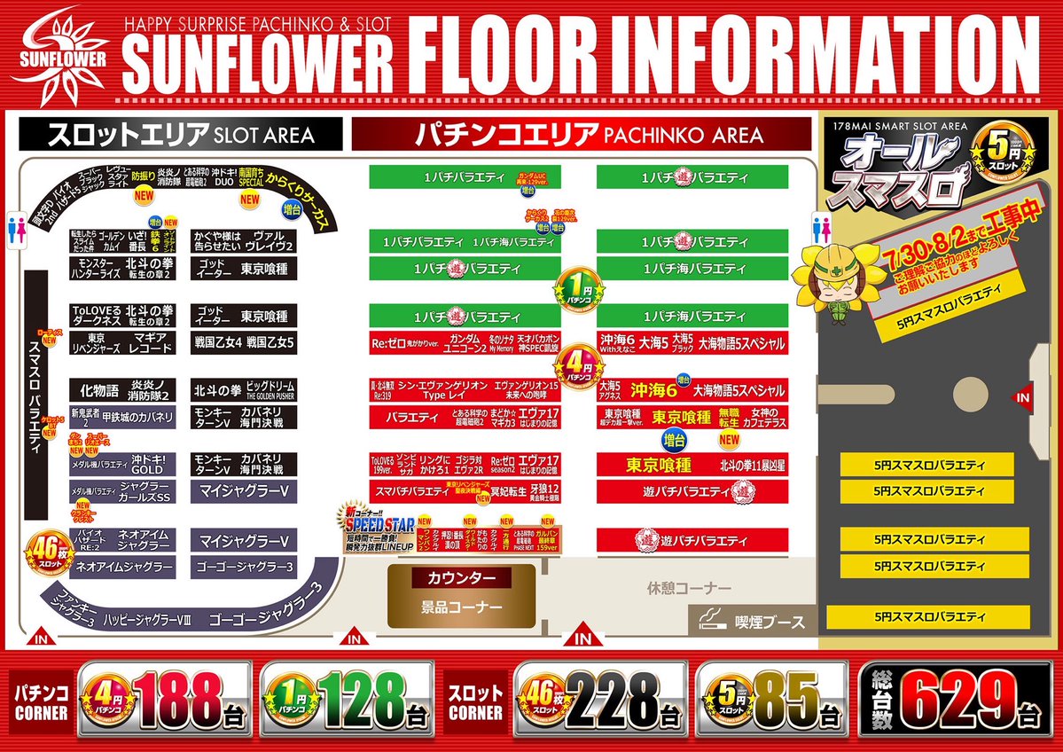 sunflowermiz33's tweet photo. 1円スマパチへ変更の為、
一部稼働停止となります🙇

ご理解の程よろしくお願い致します🙇

8/3(月)いよいよ1円スマパチ誕生💪
東京喰種、エヴァ17など
合計23台スマパチ導入予定🌻
お楽しみに🫰 https://t.co/ghYMOwvdoU