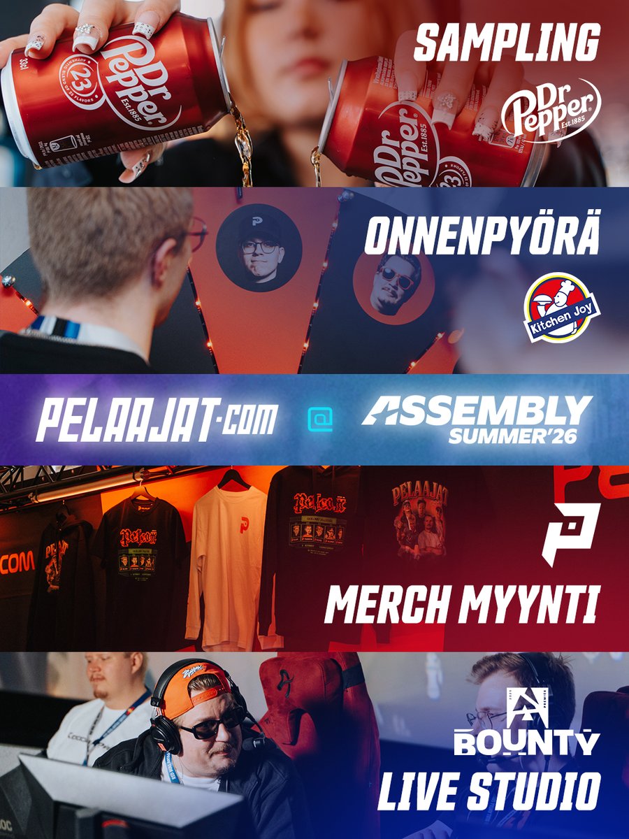 PelaajatCom's tweet photo. 🎮Me ollaan taas mukana Assemblyillä!

Pelaajatcom tuo Assyille BLAST Bounty 2026 Season 2 Finals -kisastudion, erinäisiä aktiviteetteja, Dr Pepperin virvokkeita ja lähetyksistä tuttuja kasvoja. Tule tapaamaan meitä ja nauttimaan tapahtumatunnelmasta!💙

📅Ohjelmassa Pelcomin pisteellä torstaista lauantaihin:

🎙️BLAST-kisastudio
🎯Pelaajatcom x Kitchen Joy -onnenpyörä
🥤Dr Pepper -sämpläystä
👕Pelaajatcom Merch -myynti
⚔️CS2 1vs1-haaste

🚌Pelcomin bussi on paikalla torstaina klo 15–19, ja Kitchen Joy -onnenpyörä pyörähtää bussilla käyntiin klo 18!

Tule moikkaamaan, seuraamaan BLAST-studiolähetyksiä, haastamaan kaverisi 1vs1, pyöräyttämään onnenpyörää ja fiilistelemään Assy-tunnelmaa kanssamme!

Nähdään Messukeskuksessa!🚀

#esportsfi #assembly #cs2 #BLAST