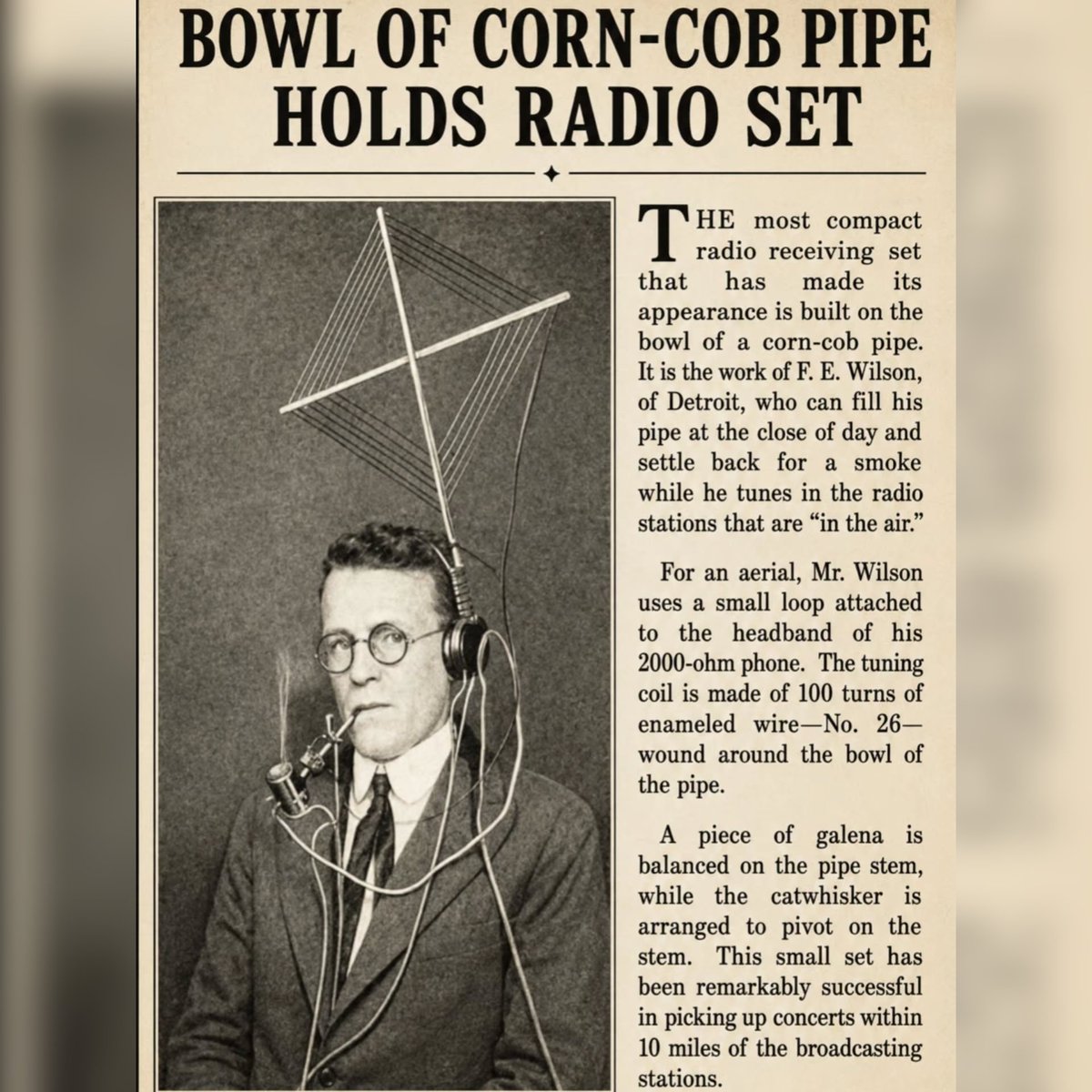 2Communications's tweet photo. A small novelty crystal radio built into a corn-cob pipe. 1922 https://t.co/QWdgNqQLCC