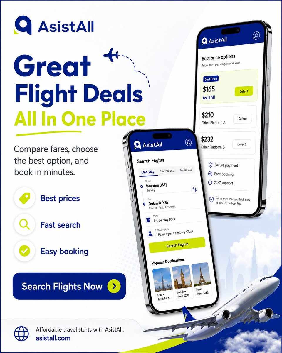 asistallcom's tweet photo. Compare fares, choose your flight, and book in minutes. ✈️

Great flight options are waiting at https://t.co/p3JymEK1kX

#AsistAll #FlightDeals #TravelSmart https://t.co/0HtdsHM1Io