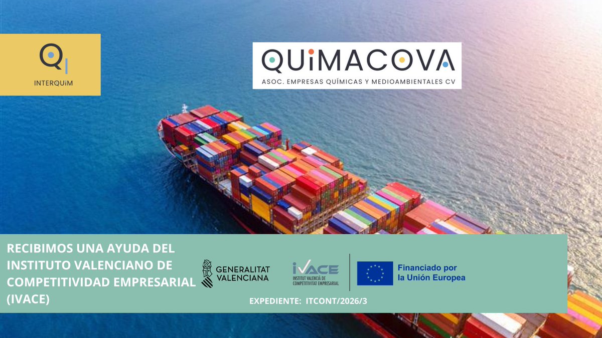 QUIMACOVA's tweet photo. Recibimos una subvención de 30.000 € del Instituto Valenciano de Competitividad Empresarial (IVACE) para la contratación de jóvenes destinada a impulsar la internacionalización de las pymes de la Comunitat Valenciana (Expediente ITCONT/2026/3)
Más info https://t.co/vIBXC61YmH https://t.co/xgIVTo7I7r