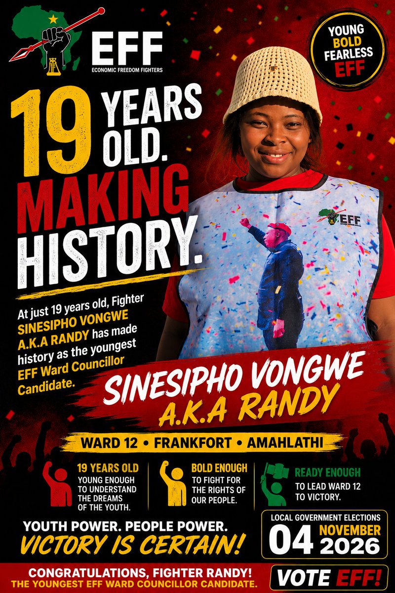 Cde_MM_Mandela's tweet photo. Commander-in-Chief @Julius_S_Malema, this is what the EFF stands for: identifying, developing and trusting young revolutionaries to lead. The EFF does not wait for tomorrow's leaders,we build them today.

At only 19, Randy has already proven herself through hard work, discipline and commitment to her community. She was part of rebuilding Ward 12 from the ground up, helping transform a struggling branch into one ready to contest and win.

Her age is not a limitation,it is a declaration that the future has arrived. She represents the courage, energy and determination of a generation that refuses to inherit poverty, unemployment and inequality.

19 years old. Making history. Leading today.

The EFF believes in the youth because the youth are not just the future,they are the present.

Congratulations, Fighter Sinesipho "Randy" Vongwe.
