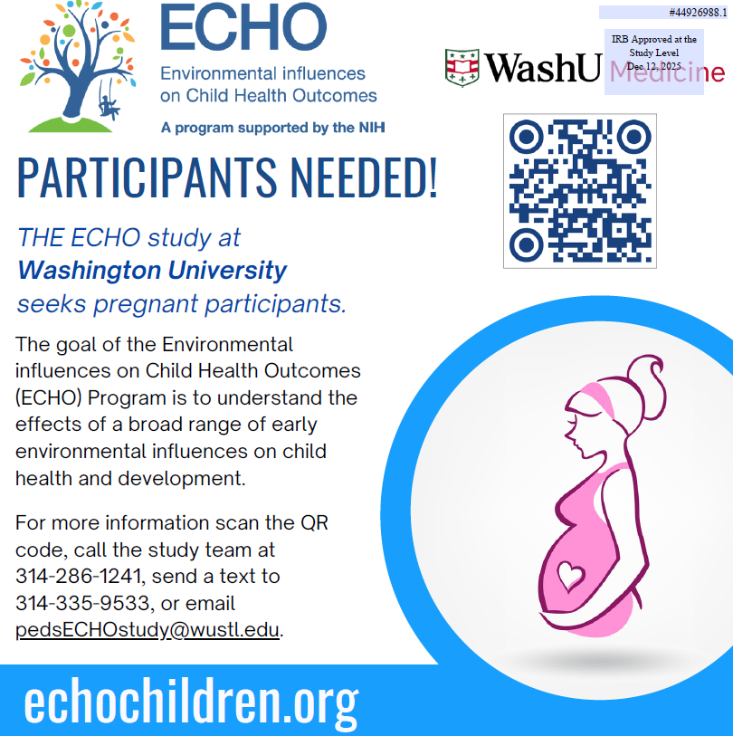 WashUVFH's tweet photo. A #WashUMed research study is enrolling pregnant participants! The goal of the Environmental influences on Child Health outcomes (ECHO) Program is to understand the effects of a broad range of early environmental influences on child health &amp; development. https://t.co/5DQze55CzC https://t.co/W8f7kEwmPJ