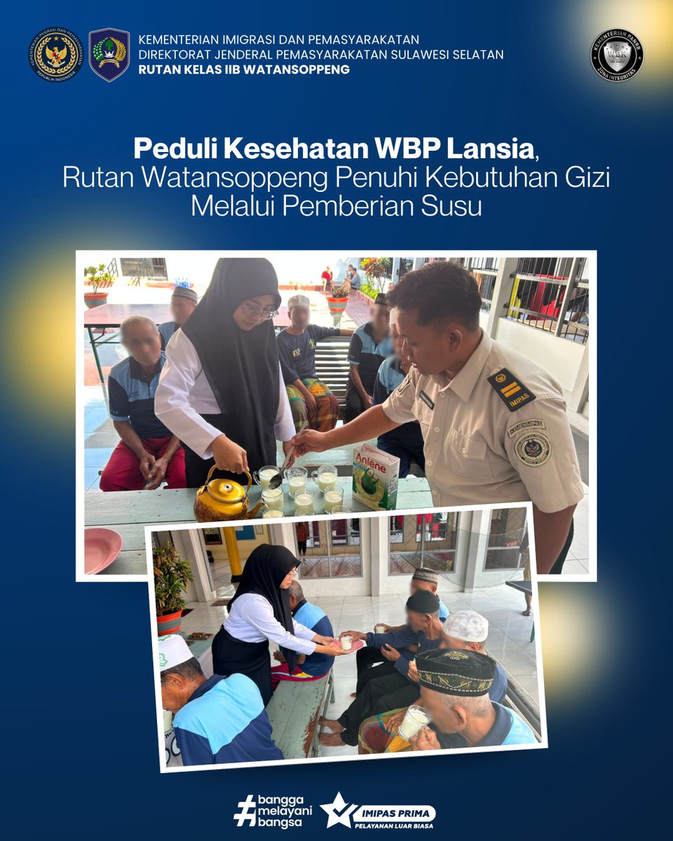 RutanWatansoppe's tweet photo. Peduli Kesehatan WBP Lansia, Rutan Watansoppeng Penuhi Kebutuhan Gizi Melalui Pemberian Susu. Kegiatan ini sebagai upaya pemenuhan hak dasar WBP di bidang pelayanan kesehatan dan perawatan, sekaligus bentuk perhatian terhadap peningkatan kualitas hidup warga binaan lanjut usia. https://t.co/KhdyrcKiLA