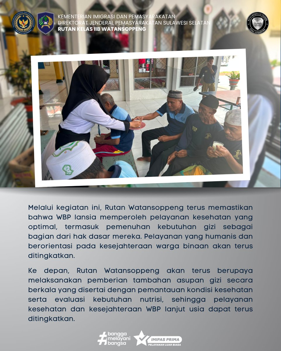RutanWatansoppe's tweet photo. Peduli Kesehatan WBP Lansia, Rutan Watansoppeng Penuhi Kebutuhan Gizi Melalui Pemberian Susu. Kegiatan ini sebagai upaya pemenuhan hak dasar WBP di bidang pelayanan kesehatan dan perawatan, sekaligus bentuk perhatian terhadap peningkatan kualitas hidup warga binaan lanjut usia. https://t.co/KhdyrcKiLA