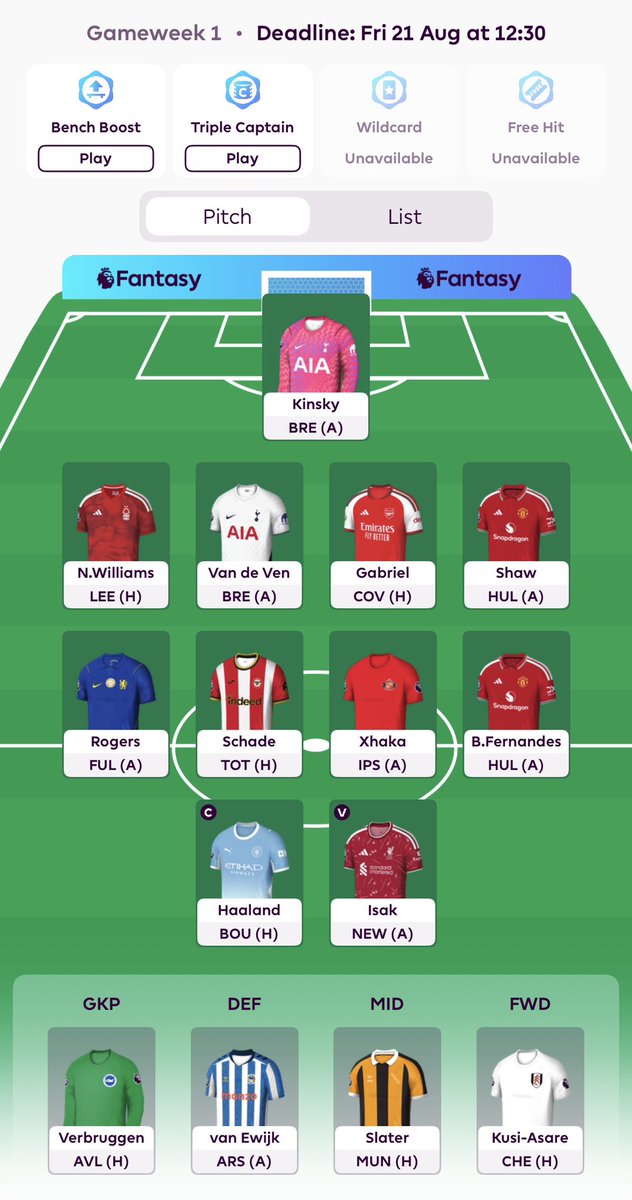 FPLVibesFC's tweet photo. How many premiums can I fit in one draft? I rate Isak highly with no Ekitike and new management. 

Pros:
- Haaland, Bruno, Gabriel
- Flexibility to move out if these guys start slow

Cons:
- three burn players

Who are you guys trying to squeeze in?

#FPLCommunity https://t.co/zeMjgrXwFZ