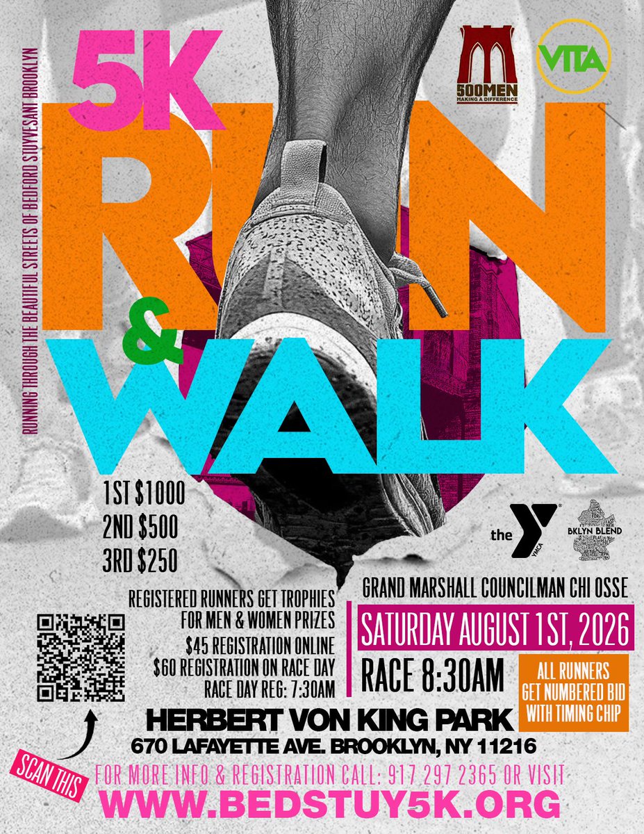 CMChiOsse's tweet photo. The twelfth annual Bed-Stuy 5k is BACK! Meet us at Herbert Von King Park and start running (or even walking) with us. Thank you to our incredible partners and go to https://t.co/gmONL44wMw to register now! https://t.co/hu2EMFttMk