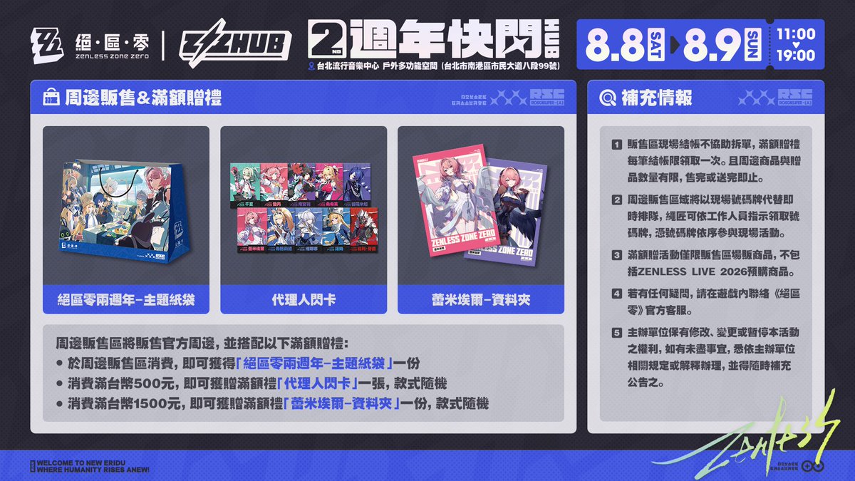 ZZZ_CHT's tweet photo. 台北兩週年快閃｜詳情介紹

《絕區零》台北兩週年快閃即將開始！
我們為各位繩匠帶來了本次活動的詳細資訊：

▼活動時間
2026年8月8日（六）11:00 - 19:00
2026年8月9日（日）11:00 - 19:00

▼活動地點
台北流行音樂中心 戶外多功能空間（台北市南港區市民大道八段99號）

▼活動內容
【報到領獎】
完成以下繩匠報到手續後，可獲得以及「好運瓶蓋」道具以及「絕區零兩週年虛寶卡」獎勵！
1. 出示遊戲UID介面
2. 確認繩網等級大於55級
3. 問卷填寫完畢並出示完成畫面
將「好運瓶蓋」投入現場「瓶蓋仙子噴泉」的指定區域，即可獲取「蕾米埃爾-光柵卡」獎勵！

【場景打卡】
「貝克福德街」、「瓶蓋仙子噴泉」、「吼吼餅鋪」等羅斯凱利法場景佈置，可愛的邦布居民，以及人氣Coser等你來拍照打卡！
在社群平台上分享活動照片，並加上指定Hashtag #絕區零兩週年，即可獲得「蕾米埃爾-Q版扇子」或「希格莉德-Q版扇子」獎勵！

【舞台互動】
緊張刺激的競速挑戰，以及調頻對決等互動環節，等待繩匠來參與！

【周邊販售】
周邊販售區將販售官方周邊，並搭配以下滿額贈禮：
🎁於周邊販售區消費，即可獲得「絕區零兩週年-主題紙袋」一份
🎁消費滿台幣500元，即可獲贈滿額禮「角色閃卡」一張，款式隨機
🎁消費滿台幣1500元，即可獲贈滿額禮「蕾米埃爾-資料夾」一份，款式隨機

▼補充情報
1. 販售區現場結帳不協助拆單，滿額贈禮每筆結帳限領取一次。且周邊商品與贈品數量有限，售完或送完即止。
2. 周邊販售區域將以現場號碼牌代替即時排隊，繩匠可依工作人員指示領取號碼牌，憑號碼牌依序參與現場活動。
3. 滿額贈活動僅限販售區場販商品，不包括Zenless LIVE 2026預購商品。
4. 若有任何疑問，請在遊戲內聯絡《絕區零》官方客服。
5. 主辦單位保有修改、變更或暫停本活動之權利，如有未盡事宜，悉依主辦單位相關規定或解釋辦理，並得隨時補充公告之。

#絕區零 #絕區零兩週年 #絕區零台北兩週年快閃