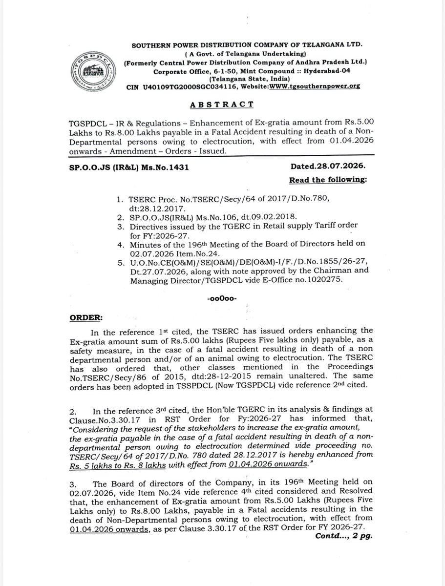 IPRTelangana's tweet photo. TGSPDCL Enhanced Ex-gratia amount from Rs.5.00 Lakhs to Rs.8.00 Lakhs payable in a Fatal Accident resulting in death of a Non- Departmental persons owing to electrocution, with effect from 01.04.2026 onwards - Amendment - Orders - Issued https://t.co/abYDqBzy4U
