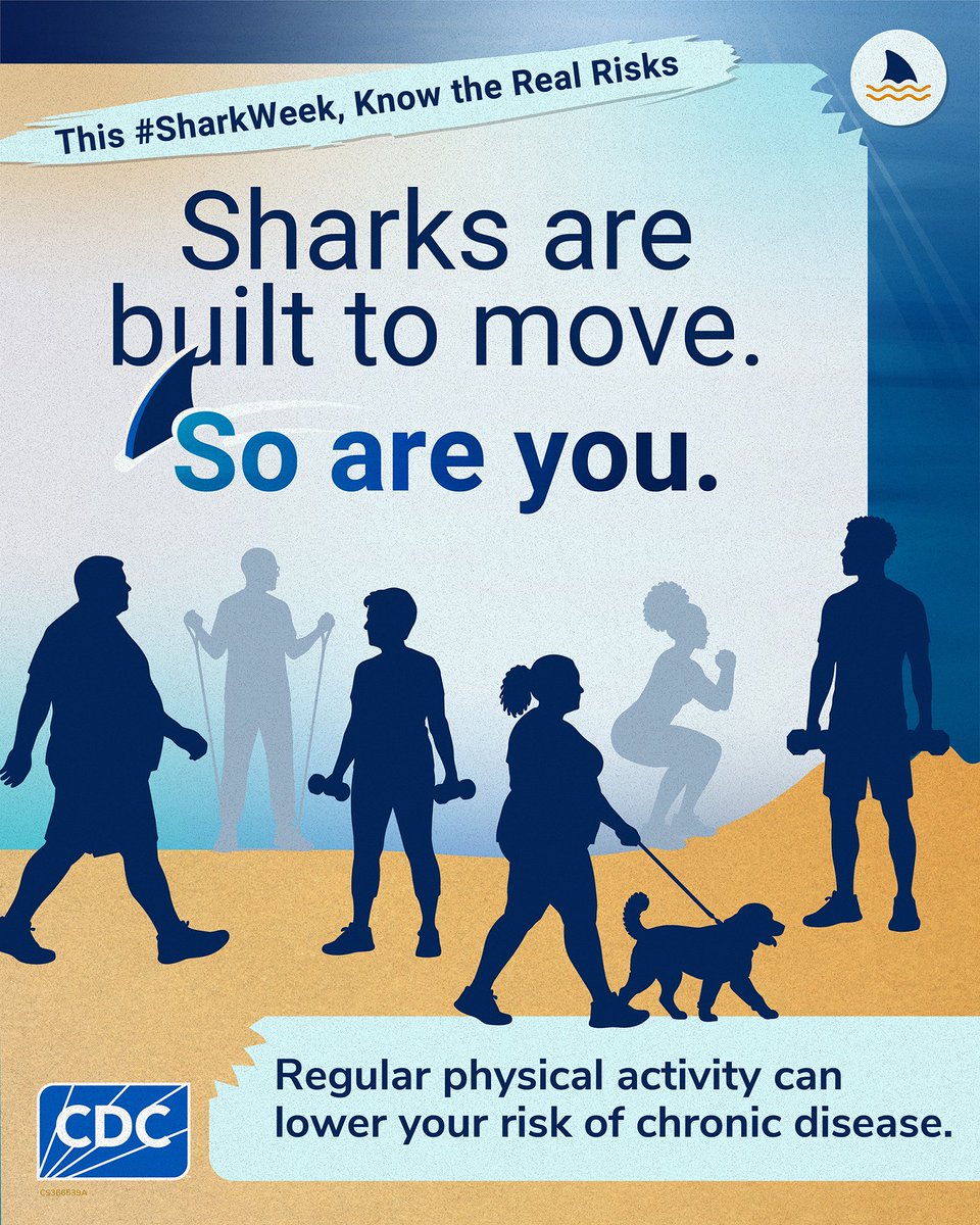 CDCgov's tweet photo. Sharks keep moving. Your body benefits when you do, too.
Adults should aim for at least 150 minutes of moderate-intensity physical activity each week, plus muscle-strengthening activities on 2 or more days each week.
Regular physical activity can help reduce your risk of chronic diseases, including heart disease, type 2 diabetes, and some cancers, while improving your overall health and well-being.
Every minute counts. Choose one way to move today: Take a walk, ride a bike, dance, or do another activity you enjoy and build toward your weekly goal.
#SharkWeek #ChronicDisease #GetActive