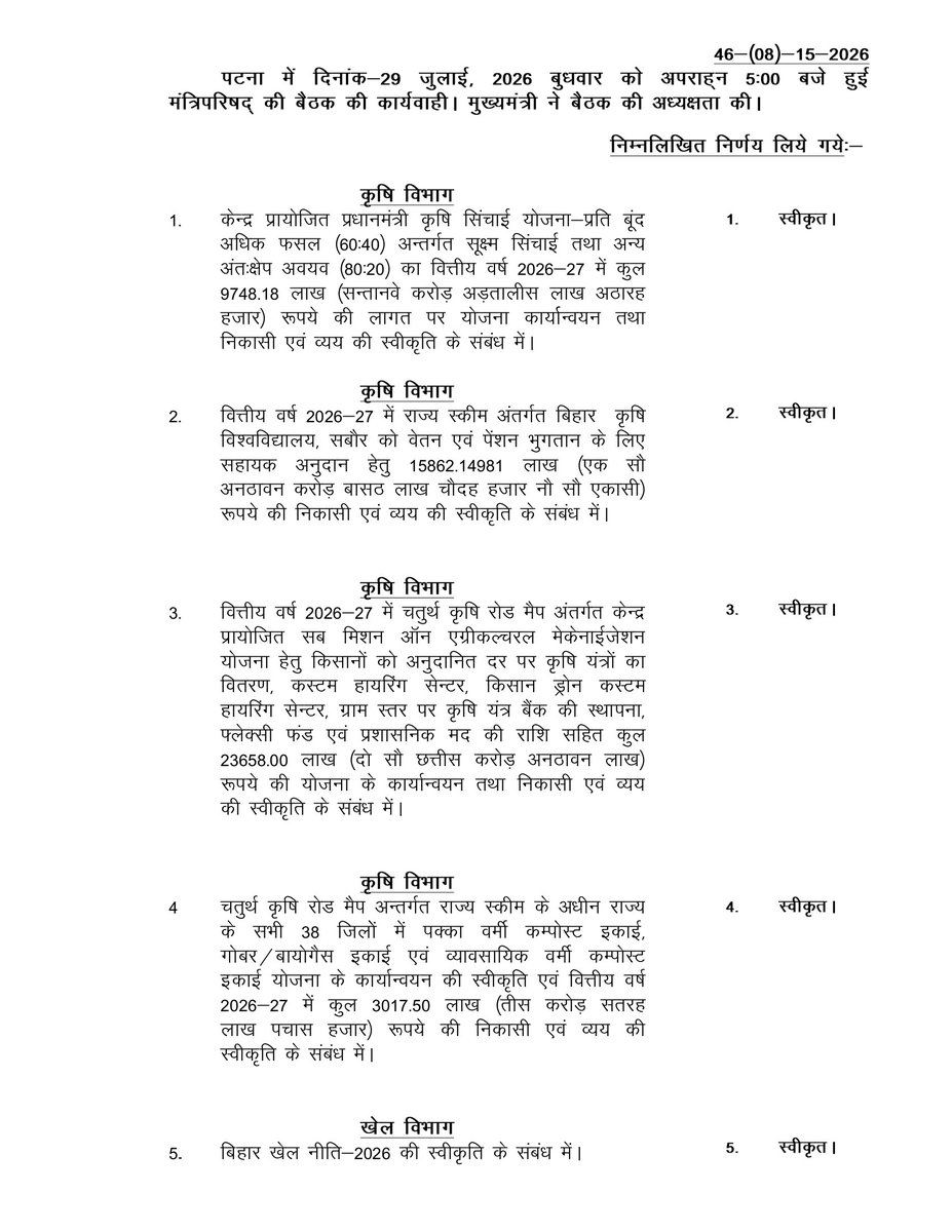 IPRDBihar's tweet photo. माननीय मुख्यमंत्री श्री सम्राट चौधरी जी  की अध्यक्षता में बिहार कैबिनेट की बैठक में कुल 24 एजेंडों पर लगी मुहर। 

@samrat4bjp 
@BiharCabinet 
#BiharCabinetSecretariatDept 
#BiharCabinetDecisions2026 
#CabinetDecisions 
#BiharCabinet https://t.co/msWedfJSpq