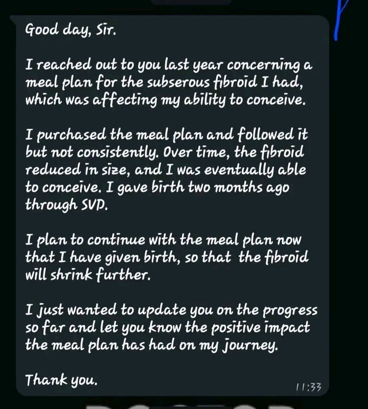 g_diets_'s tweet photo. She thought the fibroid might stop her from becoming a mother.

The fibroid was not just a diagnosis.

It was standing in the way of something she desperately wanted.

A child.

When she reached out, she was looking for help with a subserous fibroid that was affecting her ability to conceive.

She got a meal plan.

To be honest, she admits she did not follow it perfectly.

Not every day.
Not every week.

But she kept coming back to it.

And over time, something began to change.

The fibroid reduced in size.

Her body responded.

Then came the news she had been hoping for.

She conceived.

Not only did she conceive, she carried the pregnancy and gave birth to a healthy baby two months ago through spontaneous vaginal delivery.

Read that again.

A woman who was worried that her fibroid was affecting her ability to conceive is now holding her baby in her arms.

That is not a small victory.

And her story is not over.

She plans to continue following the meal plan after childbirth because she wants the fibroid to shrink even further.

This is what happens when consistency meets patience.

The body rarely changes overnight.

But when you give it the right environment long enough, it can do remarkable things.

If you are dealing with fibroids, fertility challenges, hormonal issues, or other health concerns, understand this clearly.

Progress is possible.

One good decision may not change your life overnight.

But repeated good decisions can.

If you are ready to take a structured approach to your health, reach out on WhatsApp +2349118909688 for a well-structured meal plan.

Share this with someone who needs hope today.