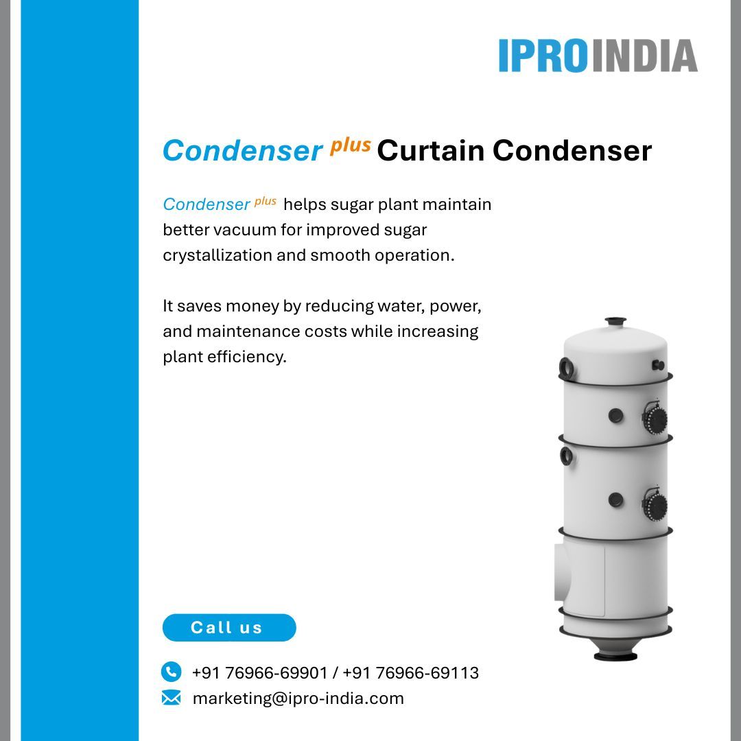 teamiproindia's tweet photo. Condenser ᵖˡᵘˢ  helps sugar plant maintain better vacuum for improved sugar crystallization and smooth operation.
.
.
.
#sugarindustry #zuckerindustrie #iproindia #ipro #Equipment #Condenserplus #CurtainCondenser https://t.co/Sw5I2eQTcD