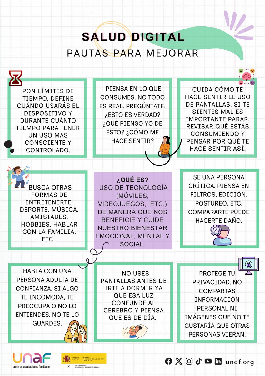 UNAFamilias's tweet photo. ☀️ En verano pasamos más tiempo online. Aprender a usar internet con pensamiento crítico también es cuidar nuestro bienestar. 

📱 Pon límites al tiempo de pantalla, cuestiona lo que ves y evita las comparaciones👁️ 

Descubre la infografía y más recursos👇 https://t.co/F9NhjLZn1C https://t.co/a3OsvLMpyH