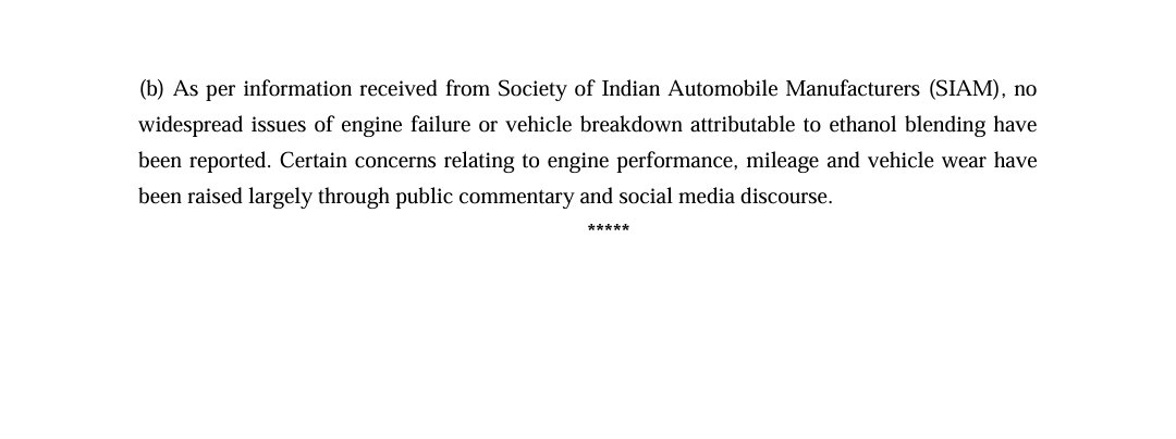 RShivshankar's tweet photo. NDA CLEANCHITS E20 PETROL IN PARLIAMENT
No evidence of widespread engine damage.
No evidence E20 causes poor fuel efficiency.

The Centre says in reply in Sansad (read below)

• E20 was rolled out in phases after years of testing by IOCL, IIP, SIAM & ARAI.
• Studies found no significant impact on engine durability, performance, drivability or BS-VI emissions.
• Even older vehicles generally don't need modifications, except some pre-2016 models that may require routine replacement of rubber parts/gaskets.
• SIAM says there are no widespread reports linking E20 to engine failures.
• Claims of engine damage and mileage loss have largely been driven by public commentary and social media, not validated evidence.

From 1.53% ethanol blending in 2013-14 to 20% by Dec 2025, the government says the programme was backed by scientific studies, field trials and consultations before rollout.