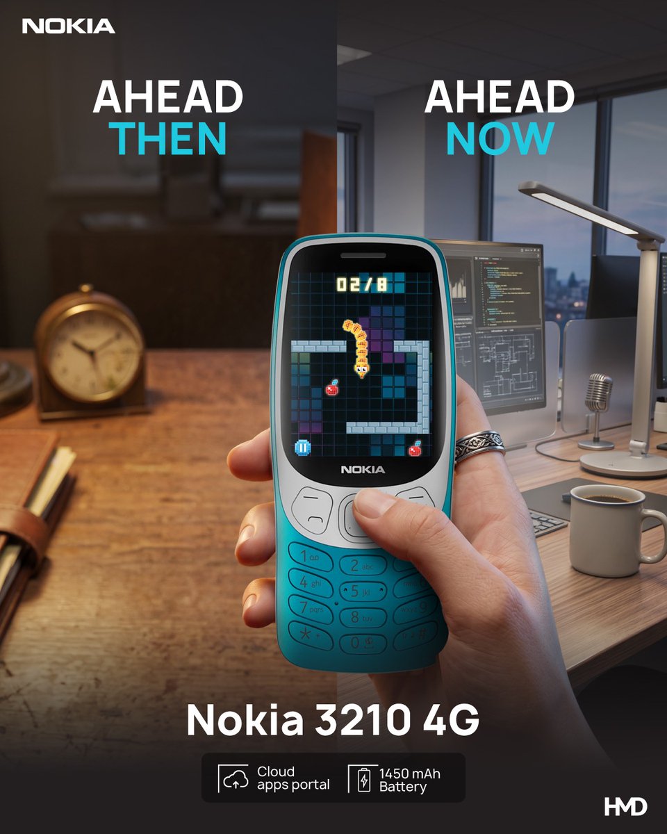 HMDdevicesIN's tweet photo. Some classics never lose their charm.
A timeless classic, made for modern days.
Cloud Apps portal | 1450 mAh battery | Snake game | Dual SIM
#HMD #HMDIndia #Nokia3210 #Nokia32104G #FeaturePhone
(Nokia 3210 4G, Nokia feature phone, HMD Nokia 3210, classic mobile phone, Snake game phone, long battery life phone, Cloud Apps Portal, Dual SIM feature phone, retro mobile phone, keypad phone India)