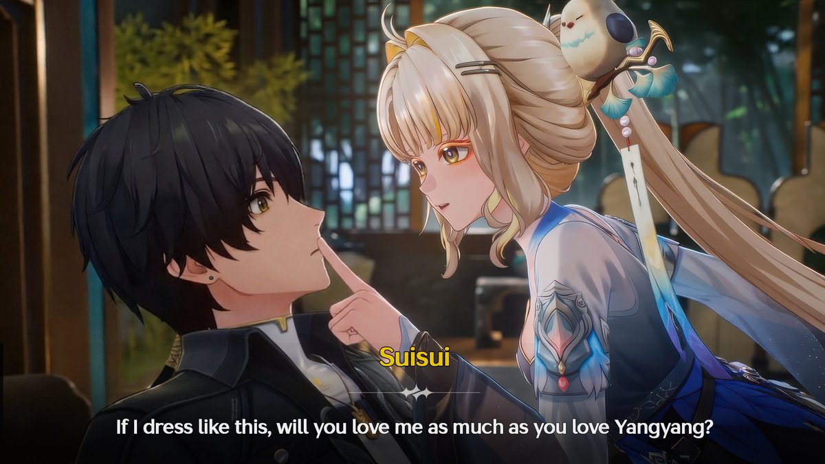 KagaOnda's tweet photo. Suisui can't wait anymore, so she borrows Yangyang's outfit for a day to spend time with Rover before her banner. https://t.co/OAbU7kTV2j