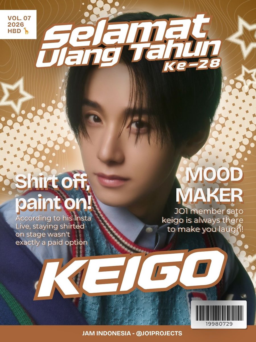 JO1PROJECTS's tweet photo. 🎊 𝑺𝒚𝒖𝒌𝒖𝒓𝒂𝒏 𝒖𝒍𝒂𝒏𝒈 𝒕𝒂𝒉𝒖𝒏 🎊

Sato Keigo ke-28 tahun🎂🦒

Sampaikan ucapan selamat kepada Keigo, yuk!🤎

#HAPPYKEIGODAY 
#JO1 #佐藤景瑚
#SelaiSayangJO1 https://t.co/s4fhXLb6UH