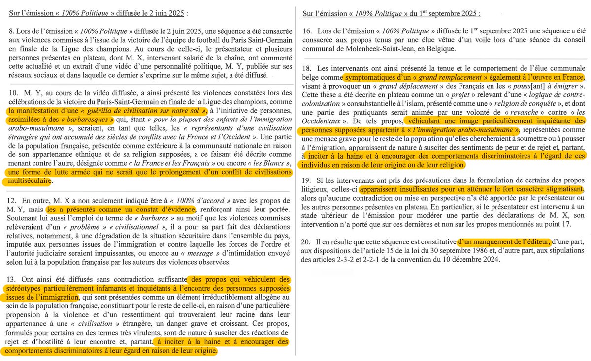 N_Hervieu's tweet photo. Audiovisuel : Enième sanction de @CNEWS par l'@Arcom_fr pour incitation à la haine &amp; à la discrimination.

Lors de deux séquences, des propos haineux &amp; infamants ont été tenus en plateau contre :
- Les personnes issues de l'immigration
- Les musulmans

D'où l'amende de 200 000€ https://t.co/nHtTV4NFMV