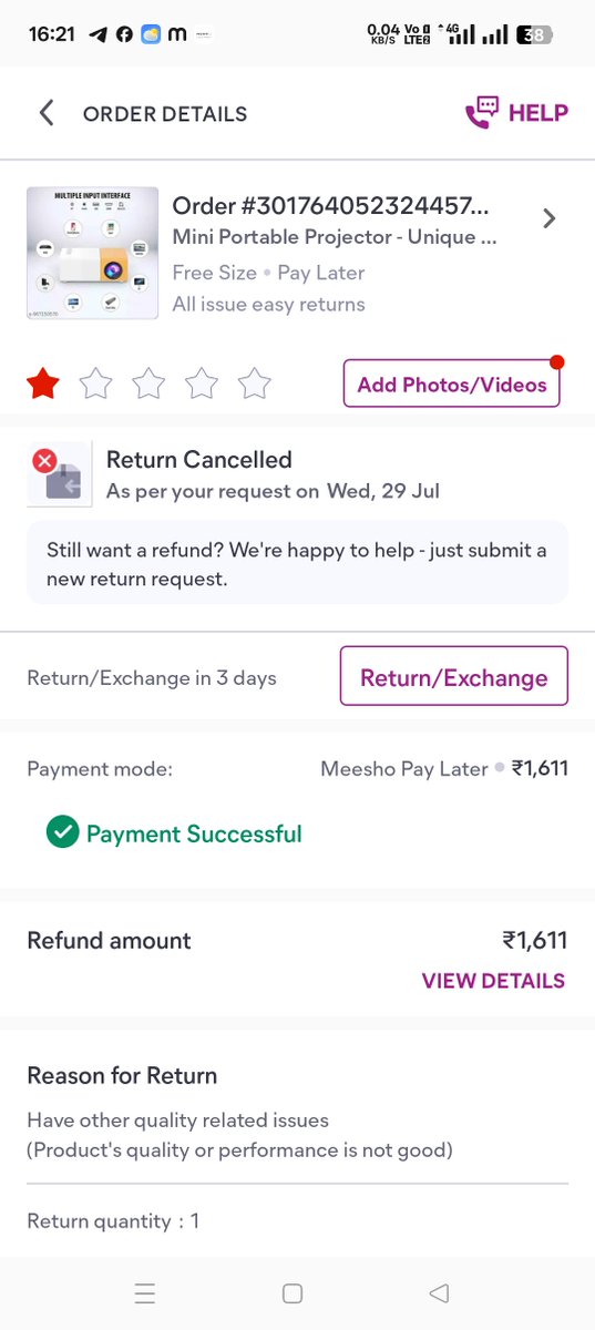 Arpit_offical39's tweet photo. Bad Service of Meesho app 
My order pickup has not been arranged since 2nd July. Now when I put a return request again, the return was canceled 3 times. Also, Volmo provides very useless service.
@meeshotech @meesho_support @barnwalSanjeev https://t.co/EEIvRYGGdl
