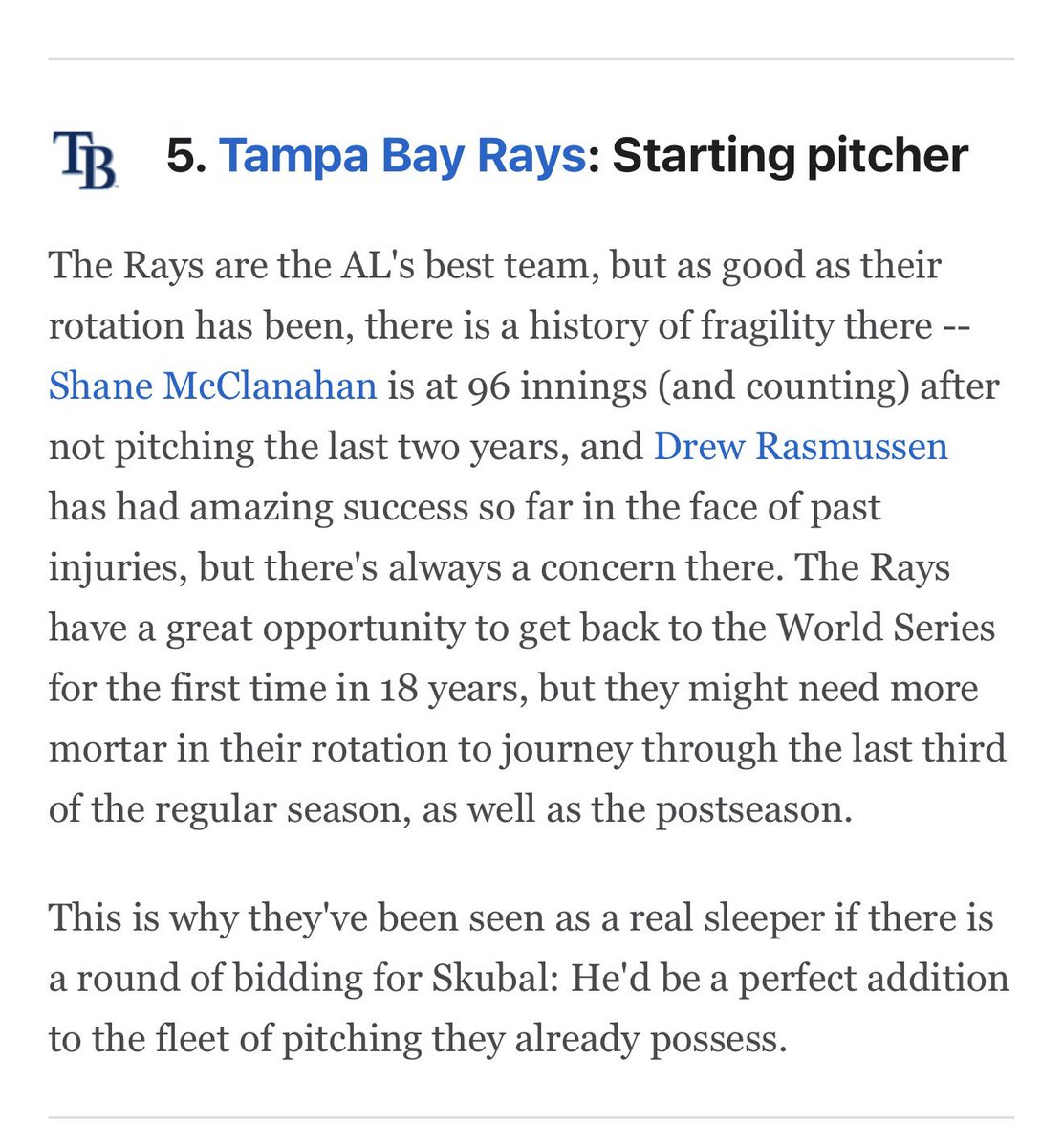 Evialpando7's tweet photo. @Buster_ESPN I know everyone likes to forget about 2020 in general but the Rays are only 6 years removed from a WS appearance, not 18. https://t.co/GPM7IVUUNr