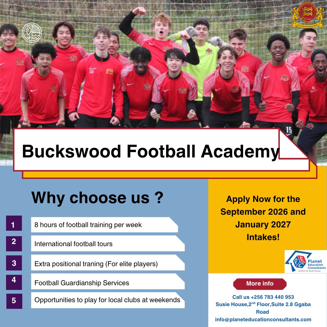 Planetconsults's tweet photo. Dream of Studying While Developing Your Football Skills in the UK? ⚽🎓

Buckswood School & Football Academy offers a unique opportunity for both boys and girls to combine high-quality education with elite football training while completing their high school studies in the UK.

This exceptional programme enables students to achieve academic success while developing their football talent in a professional and supportive environment. Students also benefit from valuable exposure and opportunities to be scouted by professional football clubs in the UK, all while pursuing internationally recognised academic qualifications.

📌 Applications are now open for:
✅ September 2026 Intake
✅ January 2027 Intake

For more information on tuition fees, entry requirements, and the application process, visit our office at:

📍 Susie House, 2nd Floor, Suite 2.8, Ggaba Road, Kampala

📞 +256 757 449 182
📞 +256 783 449 053

(Call or WhatsApp)

🌍 Start your journey towards academic excellence and a professional football career today!
