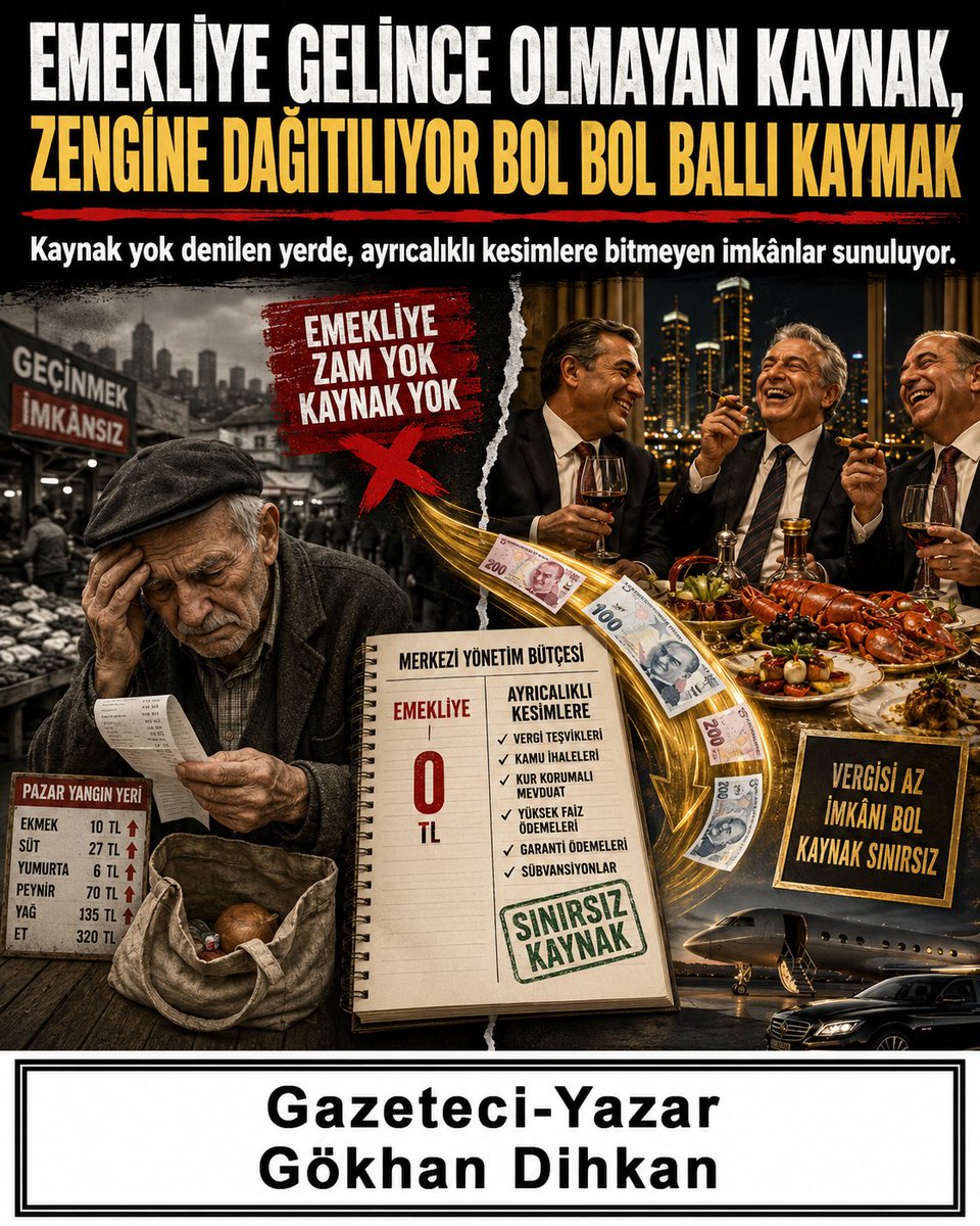 dihkan61's tweet photo. ✅Bütçe Emekliye Kapalı, Zengine Sonuna Kadar Açık !

✅Emeklinin Cebinden Rantiyenin Sofrasına !

Gökhan DİHKAN / Gazeteci-Yazar / Trabzon / 29 Temmuz 2026

Türkiye’de emeklilerin maaşı konuşulmaya başlandığı anda devletin bütün hesap uzmanları, ekonomi bürokratları ve iktidar sözcüleri aynı nakaratı söylemeye başlıyor: “Kaynaklarımız sınırlı, bütçe dengelerini korumamız gerekiyor, daha fazlasını verirsek enflasyon yükselir.”

Ne kadar tanıdık, ne kadar ezberlenmiş ve ne kadar ikiyüzlü bir söylem!

Milyonlarca emekliye insanca yaşayabilecekleri bir maaş verilmesi gündeme geldiğinde bütçeyi, mali disiplini ve enflasyonu hatırlayanlar; sıra büyük sermaye gruplarına, garanti ödemelerine, vergi ayrıcalıklarına, teşviklere ve yüksek faiz gelirlerine geldiğinde birdenbire hafıza kaybına uğruyor.

Emeklinin sofrasına bir tabak yemek koymak “bütçeye yük”, zenginin servetine servet katmak ise “ekonomiyi desteklemek” oluyor.

Emekliye verilen para enflasyon sebebi sayılıyor, sermayeye aktarılan milyarlar ise yatırım teşviki diye alkışlanıyor.

Emeklinin maaşına yapılacak birkaç bin liralık artış devletin sırtında taşınamaz bir yük gibi gösterilirken, şirketlere verilen ayrıcalıkların, silinen veya ertelenen borçların, kamu-özel iş birliği projelerindeki garanti ödemelerinin hesabı millete doğru dürüst açıklanmıyor.

Bunun adı kaynak yokluğu değildir.

Bunun adı, kaynağın kime verileceğine ilişkin sınıfsal ve siyasi tercihtir.

Bütçe Bir Muhasebe Cetveli Değil, Ahlak Belgesidir

Bir devletin bütçesine baktığınızda yalnızca gelir ve gider kalemlerini görmezsiniz. O devleti yönetenlerin kimden yana olduğunu, kimi koruduğunu, kimi gözden çıkardığını da görürsünüz.

Bütçe, iktidarın ahlak belgesidir.

Bütçe, siyasi nutukların arkasındaki gerçek niyeti ortaya çıkaran aynadır.

Bir yönetim, sarayların, makam araçlarının, temsil ve ağırlama giderlerinin, garantili projelerin ve ayrıcalıklı şirketlerin finansmanında son derece cömert; emeklinin maaşında ise son derece cimri davranıyorsa orada sorun ekonomik değil, ahlakidir.

Yıllarca çalışan, prim ödeyen, vergi veren, ülkenin yollarında, fabrikalarında, tarlalarında, hastanelerinde, okullarında ve kamu kurumlarında alın teri döken insanlara bugün adeta “Artık size ihtiyacımız kalmadı” denilmektedir.

Emekliler, hayatlarının dinlenmeleri gereken döneminde geçim savaşı vermeye mahkûm ediliyor.

Pazara çıkarken iki kez düşünüyorlar.

Markette ürünlerin etiketlerine bakıp ellerini geri çekiyorlar.

Et, süt, peynir, meyve ve hatta bazı temel gıda ürünleri emekliler için lüks haline geliyor.

Kirasını ödeyen emeklinin cebinde faturaya para kalmıyor. Faturayı ödeyenin ilaca, ilacını alanın gıdaya parası yetmiyor.

Sonra televizyonlara çıkan takım elbiseli ekonomi yorumcuları, bu insanlara sabır tavsiye ediyor.

Kendileri lüks restoranlardan çıkmayanlar, emekliye porsiyon küçültmeyi öğretiyor.

Kendileri birkaç maaşı bir arada alanlar, emekliye “fedakârlık yapın” diyor.

İşte asıl skandal budur.

Emekliye Yok, Rantiyeye Çok

Türkiye’de iktidarların emekliye karşı kullandığı “kaynak yok” cümlesi, gerçeği anlatan ekonomik bir tespit değil; yoksulluğu meşrulaştıran siyasi bir bahanedir.

Çünkü kaynak vardır.

Ancak o kaynak, geniş halk kesimlerine değil, belirli çevrelere aktarılmaktadır.

Büyük şirketlerin vergi borçları yapılandırılır, ertelenir veya çeşitli düzenlemelerle kolaylaştırılırken emeklinin ekmeğinden, suyundan, elektriğinden, doğalgazından ve ilacından vergi alınmaktadır.

Milyonluk ve milyarlık kazanç elde edenlere vergi avantajları sağlanırken, asgari ücretli ve emekli dolaylı vergiler yoluyla devletin en sadık vergi mükellefi haline getirilmiştir.

Emekli marketten bir şişe su alsa vergi ödüyor.

Telefonuna kontör yüklese vergi ödüyor.

Elektriğin düğmesine bassa, musluğu açsa, ulaşım aracına binse vergi ödüyor.

Fakat sıra büyük servet sahiplerinin gerçek anlamda vergilendirilmesine geldiğinde sistemin dili tutuluyor.

Bu nasıl vergi adaletidir?

Yoksulun cebine elini uzatan devlet, zenginin kasasının önünde neden bu kadar çekingen davranmaktadır?

Dar gelirlinin tüketiminden kuruşu kuruşuna vergi alan düzen, büyük servet birikimlerinin üzerine neden aynı kararlılıkla gidememektedir?

Çünkü mevcut ekonomik yapı, yükü aşağıdakilere taşıtıp kazancı yukarıdakilere dağıtmaktadır.

Bunun adı tersine servet transferidir.

Halktan toplanan para, ayrıcalıklı sermaye çevrelerinin kazanç sistemine aktarılmaktadır.

Geçilmeyen Köprünün Parasını Emekli Ödüyor

Kamu-özel iş birliği projeleri de bu düzenin en açık örneklerinden biridir.

Köprü yapılır, geçiş garantisi verilir.

Hastane yapılır, hasta garantisi verilir.

Havalimanı yapılır, yolcu garantisi verilir.

Verilen garanti tutmazsa aradaki fark halkın vergileriyle ödenir.

Geçmeyen vatandaşın parası, geçenlerin sayısını tamamlamak için müteahhide aktarılır.

Uçmayan insan, havalimanının garanti ödemesini finanse eder.

Hastaneye gitmeyen yurttaş bile sağlık tesisinin işletme maliyetlerine dolaylı biçimde ortak edilir.

Üstelik bu garantilerin bir bölümünün döviz veya dövize endeksli hesaplarla ilişkilendirilmesi, kur arttıkça kamuya düşen yükün de büyümesine yol açmaktadır.

Fakat iş emekliye geldiğinde aynı devlet, üç kuruşluk artışın maliyet hesabını günlerce televizyonlarda tartıştırır.

Emekliye verilecek paranın bütçeye yükü en ince ayrıntısına kadar anlatılır; şirketlere aktarılacak garanti ödemeleri ise teknik ifadelerin, sözleşmelerin ve bütçe kalemlerinin arasına gizlenir.

Emeklinin aldığı maaş manşet olur, müteahhidin aldığı garanti ticari sır haline gelir.

İşte adalet denilen kavram tam da burada çökmektedir.

Emekli Sadaka Değil, Hakkını İstiyor

Emeklilere yapılacak maaş artışları bir lütuf değildir.

Emekliler devletten sadaka istemiyor.

Yıllarca ödedikleri primlerin, verdikleri vergilerin ve ortaya koydukları emeğin karşılığını istiyorlar.

Bir insanın otuz yıl, kırk yıl çalıştıktan sonra yaşlılığında açlık sınırının altında yaşamaya mahkûm edilmesi, ekonomik bir başarısızlıktan daha fazlasıdır. Bu, toplumsal sözleşmenin ihlalidir.

Devlet, çalışan yurttaşına “Sen bugün primini öde, yaşlandığında seni koruyacağım” demiştir.

İnsanlar bu güvenceye inanarak yıllarca sistemin içinde kalmıştır.

Bugün gelinen noktada emeklilik, güvenli bir yaşlılık dönemi olmaktan çıkarılmış; ikinci bir yoksulluk mesaisine dönüştürülmüştür.

Emekliler iş arıyor.

Pazarlarda artık ürün topluyor.

Çocuklarının desteği olmadan ayakta kalamıyor.

Ev sahibi değilse maaşının büyük bölümünü kiraya veriyor.

Ev sahibiyse apartman giderleri, bakım masrafları, sağlık harcamaları ve faturalar altında eziliyor.

Böyle bir tabloyu “ekonomik programın gereği” diye açıklamak, yoksulluğu teknik terimlerle makyajlamaktır.

Enflasyonun Sebebi Emeklinin Çorbası Değildir

Emekliye zam gündeme geldiğinde bazı çevreler hemen “Bu artış enflasyonu körükler” demeye başlıyor.

Sanki enflasyonun asıl sebebi emeklinin ayda birkaç kilo daha fazla meyve almasıymış gibi!

Sanki fiyatları emeklinin çorba tenceresi artırıyormuş gibi!

Sanki bütçeyi emeklinin torununa verdiği harçlık bozuyormuş gibi!

Hayır!

Enflasyonun faturası, onu yaratmayan kesimlere kesilemez.

Yanlış para politikalarının, üretim yetersizliğinin, dışa bağımlılığın, kur artışlarının, yüksek finansman maliyetlerinin, israfın ve plansızlığın bedeli emekliye ödetilemez.

Ekonomiyi yönetenler hata yapacak, yanlış kararların maliyetini ise toplumun en güçsüz kesimi ödeyecek.

Böyle bir düzen ne adildir ne de sürdürülebilirdir.

Sosyal Devlet Nutukla Değil, Bölüşümle Olur

Sosyal devlet, anayasa metinlerinde yazılı süslü bir ifade değildir.

Sosyal devlet, yaşlısını aç bırakmayan devlettir.

Sosyal devlet, hastasını ilaçla ekmek arasında tercih yapmaya zorlamayan devlettir.

Sosyal devlet, yıllarca çalışan insanı torunundan harçlık istemek zorunda bırakmayan devlettir.

Sosyal devlet, bütçe açığını yoksulun sofrasından değil, büyük servetlerden ve haksız kazançlardan karşılayan devlettir.

Bugünkü manzara ise bunun tam tersidir.

Dar gelirliye kemer sıktırılıyor, zengine yeni kemer hediye ediliyor.

Emekliye tasarruf tavsiye ediliyor, imtiyazlı çevrelere kamu kaynakları tahsis ediliyor.

Yoksula kanaat öğütleniyor, zenginin iştahına sınır konulmuyor.

Böyle bir ekonomik düzenin adı sosyal devlet değil, sermaye himayeciliğidir.

Mesele Kaynak Değil, Vicdandır

“Emekliye gelince kaynak yok, zengine gelince ballı kaymak” sözü, sadece öfkeli bir slogan değildir.

Türkiye’deki bölüşüm düzeninin özeti budur.

Kaynak vardır fakat öncelik emekli değildir.

Para vardır fakat tercih yoksuldan yana değildir.

Bütçe vardır fakat bütçenin kapıları herkese eşit açılmamaktadır.

Çözüm de son derece açıktır:

Vergi yükü adil biçimde dağıtılmalı, büyük servetler etkin şekilde vergilendirilmeli, ayrıcalıklı teşvikler denetlenmeli, kamu ihaleleri şeffaflaştırılmalı, garanti ödemeleri toplum yararı açısından yeniden ele alınmalı ve emekli maaşları gerçek hayat pahalılığına göre belirlenmelidir.

Emeklilerden daha fazla sabır istemek yerine, servetine servet katanlardan daha fazla vergi istenmelidir.

Emeklinin sofrasını küçültmek yerine, kamudaki israf küçültülmelidir.

Emeklinin maaşını baskılamak yerine, rant düzeninin hortumları kesilmelidir.

Çünkü bir ülkenin büyüklüğü, zenginlerinin servetiyle değil; yaşlılarının, emeklilerinin ve yoksullarının nasıl yaşadığıyla ölçülür.

Milyonlarca emeklinin açlık ve yoksulluk içinde yaşadığı bir ülkede büyüme rakamlarıyla övünmek, yangın içindeki eve dışarıdan yeni boya yapmaktır.

Halk açsa ekonomi başarılı değildir.

Emekli geçinemiyorsa bütçe adil değildir.

Zengine ballı kaymak dağıtılırken emekliye kuru ekmek reva görülüyorsa ortada kaynak sorunu değil, düzen sorunu vardır.