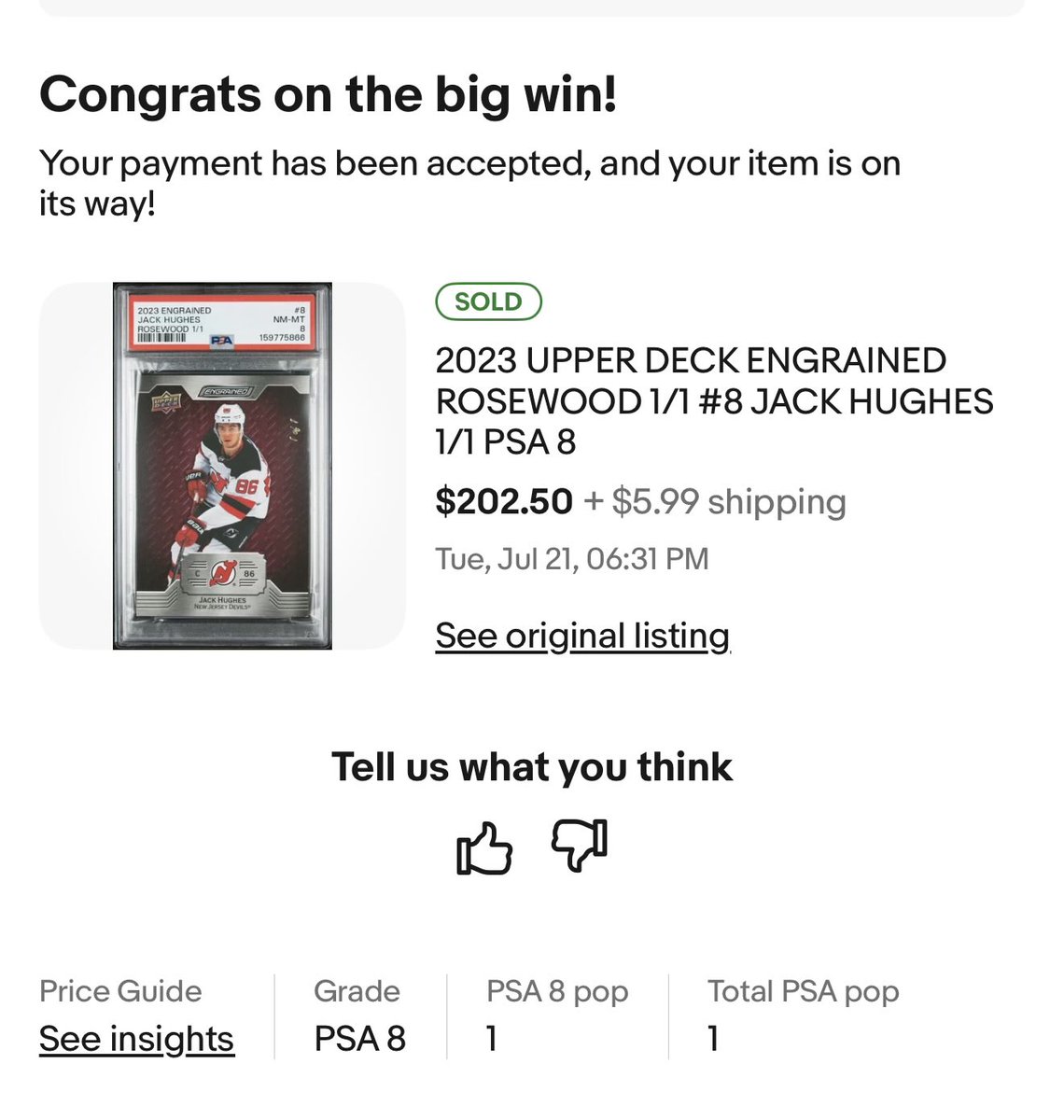 n8dagrape's tweet photo. @pokesatoshi911 @mjmaryott @CardPurchaser Do you think I stole this 1/1 Jack Hughes? https://t.co/eDhopNhCyh