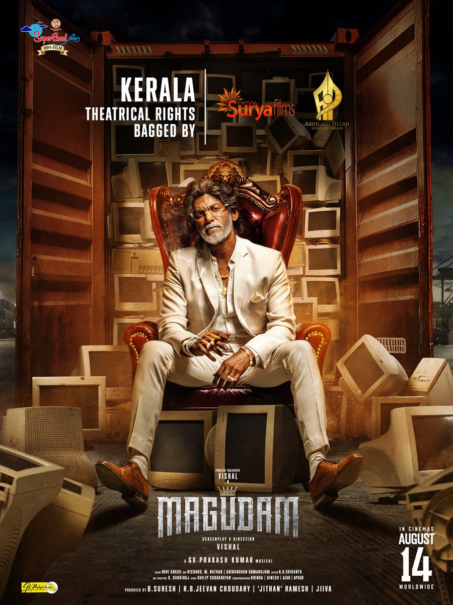 MagudamOfficial's tweet photo. We're happy to announce that New Surya Films &amp; Abhilash Pillai, are the official Kerala distributors of #Magudam / #Makutam! 
See you all on the big screen across Kerala soon! 

@VishalKOfficial @yoursanjali @gvprakash @officialdushara @SuperGoodFilms_ #AbhilashPillai https://t.co/0MsxKI2You