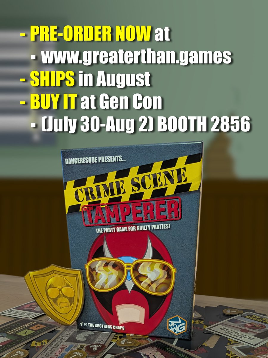 StrongBadActual's tweet photo. At long last, Crime Scene Tamperer is ready to put all you slimeballs behind bars 1-4 players at a time!! Pre-Order here: https://t.co/5JJVRHcuTJ https://t.co/Eal8ssofVX